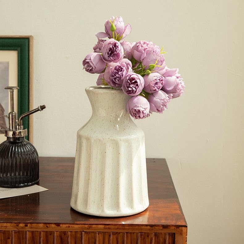 Prettidecor Ceramic Boho Vase, Farmhouse Home Decor Embossed Vases for Centerpieces, Kitchen, Office, Shelf, Table, Vase for Pampas Grass, Eucalyptus