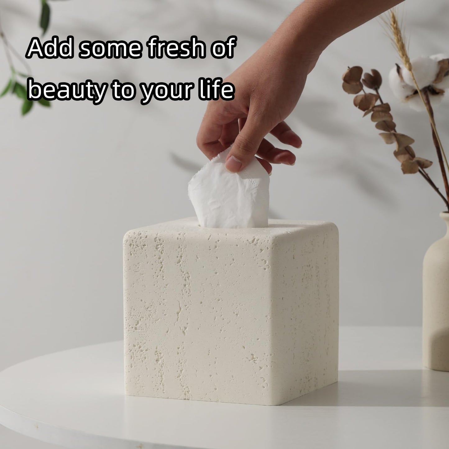 Haocoott Tissue Box Cover Square, Resin Facial Tissue Holder Covers Toilet Paper Holder Decorative Travertine Paper Dispenser Home Decor for Bathroom Bedroom Living Room Office (Cream)