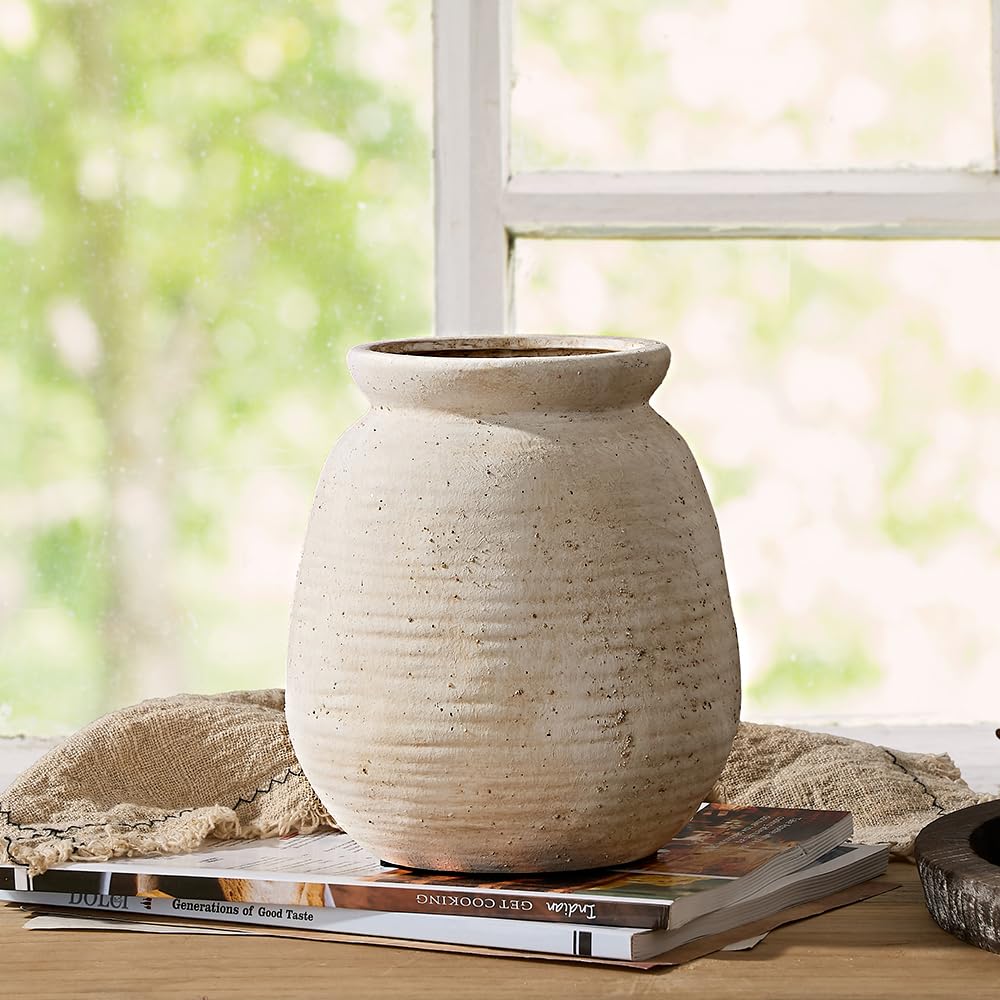 SIDUCAL Ceramic Rustic Farmhouse Vase | 7.3 Inch Pottery Decorative Flower for Home Decor | Sand Glaze Finish Boho Vase for Table, Living Room, Bathroom Decoration, Shelf Decor, Mantel, White