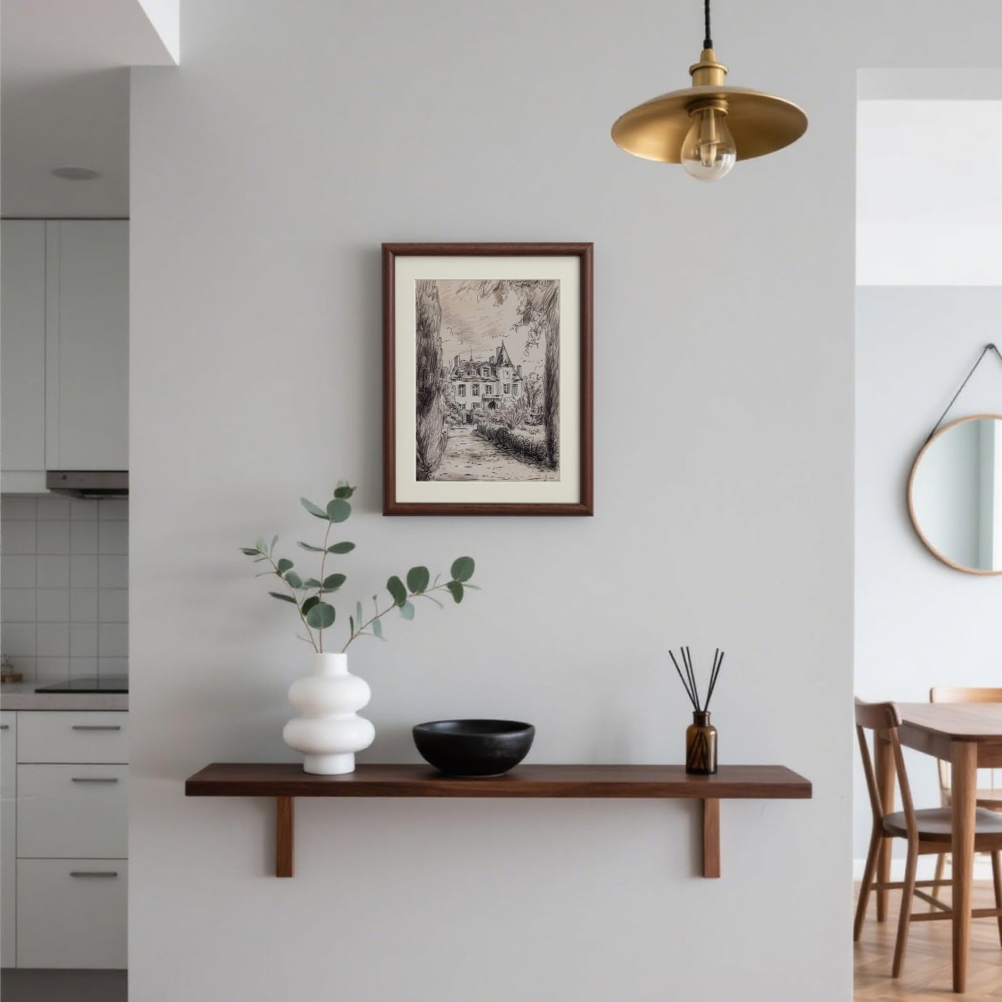 InSimSea Framed Canvas Wall Art with Mat, Vintage Neutral Architecture Sketch Prints Picture, Vintage Landscape Wall Art for Living Room Bedroom Office, 11x14 Inch(Walnut)