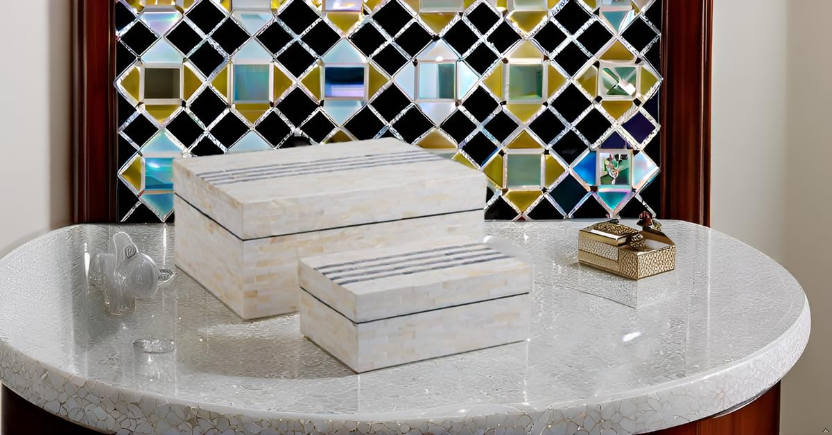 PEMAR Set of 2 Mother of Pearl Decorative Boxes w Lids, Handmade Mosaic Keepsake Jewelry Box Treasure Chest, Shelf Decorative Wooden Box for Memory, Tea Bags, Coffee, Accessories (Black Stripes)