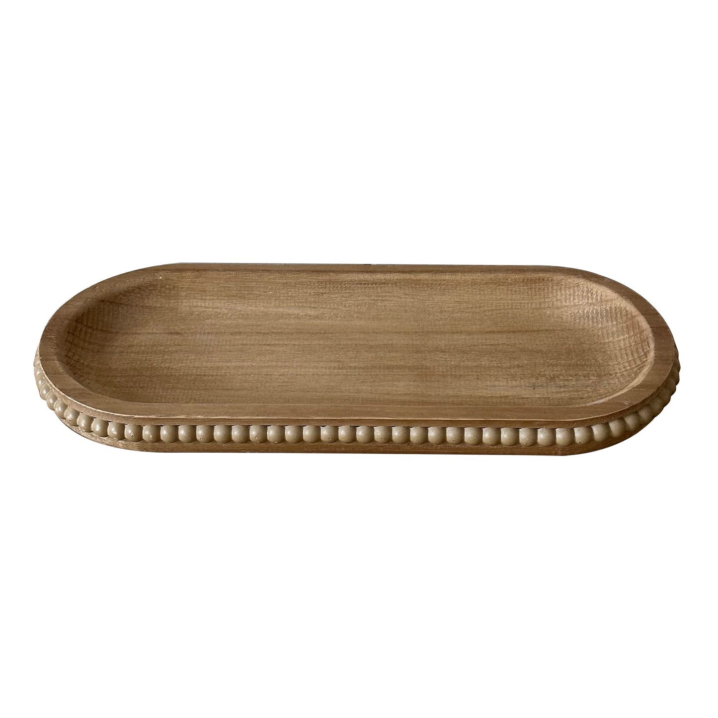 dwellington Wooden Farmhouse Decorative Tray, 12in Rustic Beaded Tray for Living Room Decor, Kitchen Table Décor, Oval Coffee Table Serving Tray (Natural)