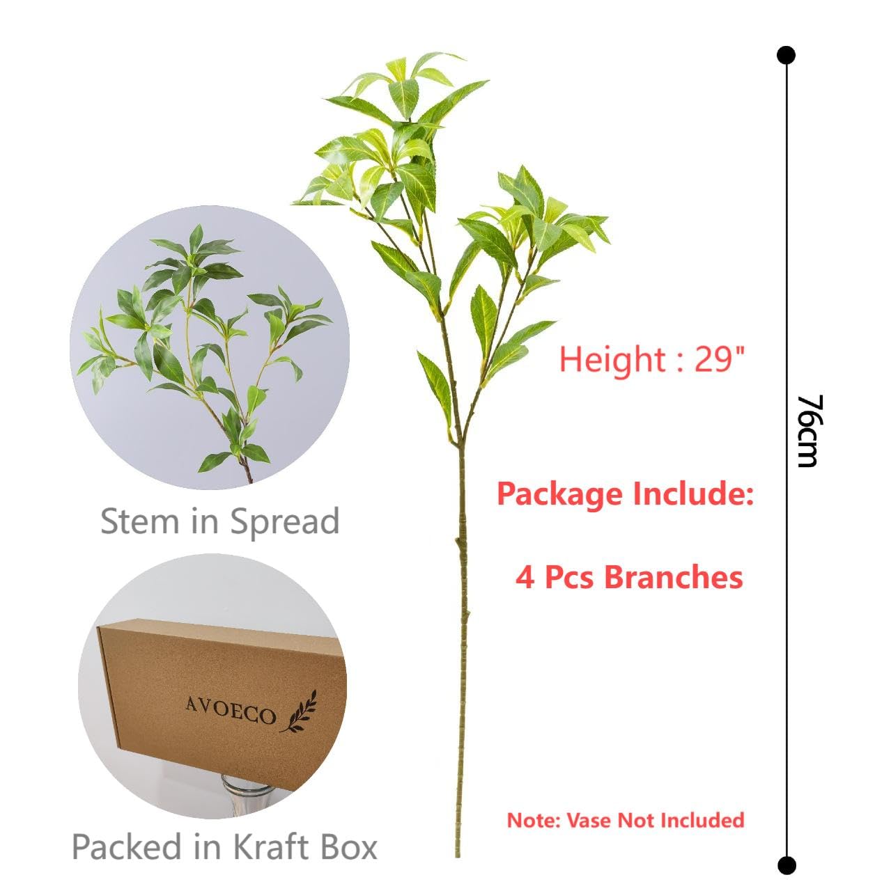 Avoeco 4Pcs Real Touch Faux Japonica Leaf Branches 29 Inch High, Artificial Greenery Stems for Home Office Wedding Vase Filler Shop Decoration (4Pcs, 29 Inch High)