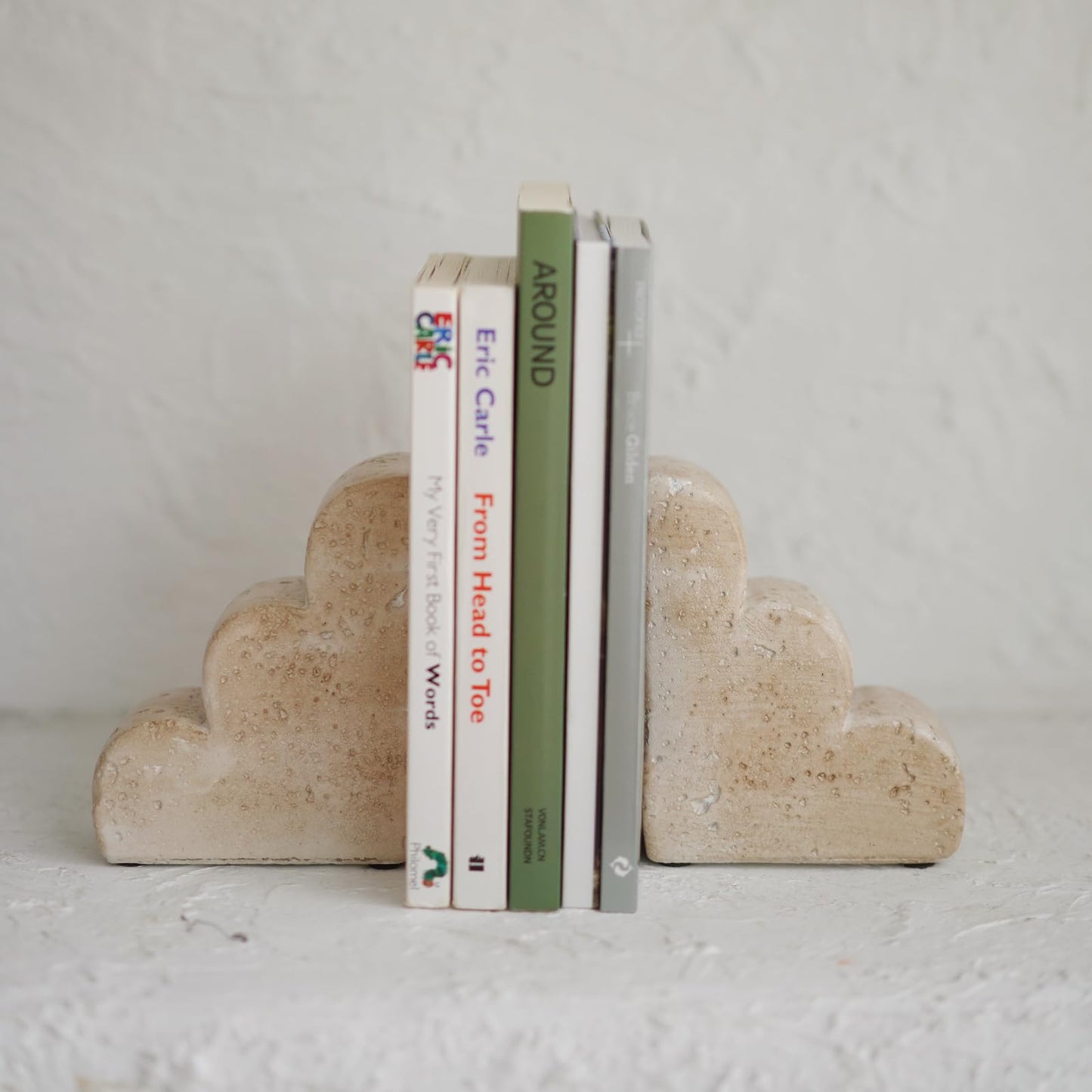 Chagoart Book Ends for Shelves-Concrete Heavy Duty Bookends-Book Stopper- Decorative Bookends for Heavy Books-Travertine Marble Look Book Ends Unique -Scallop Stone Bookends for Desk-Book Holder