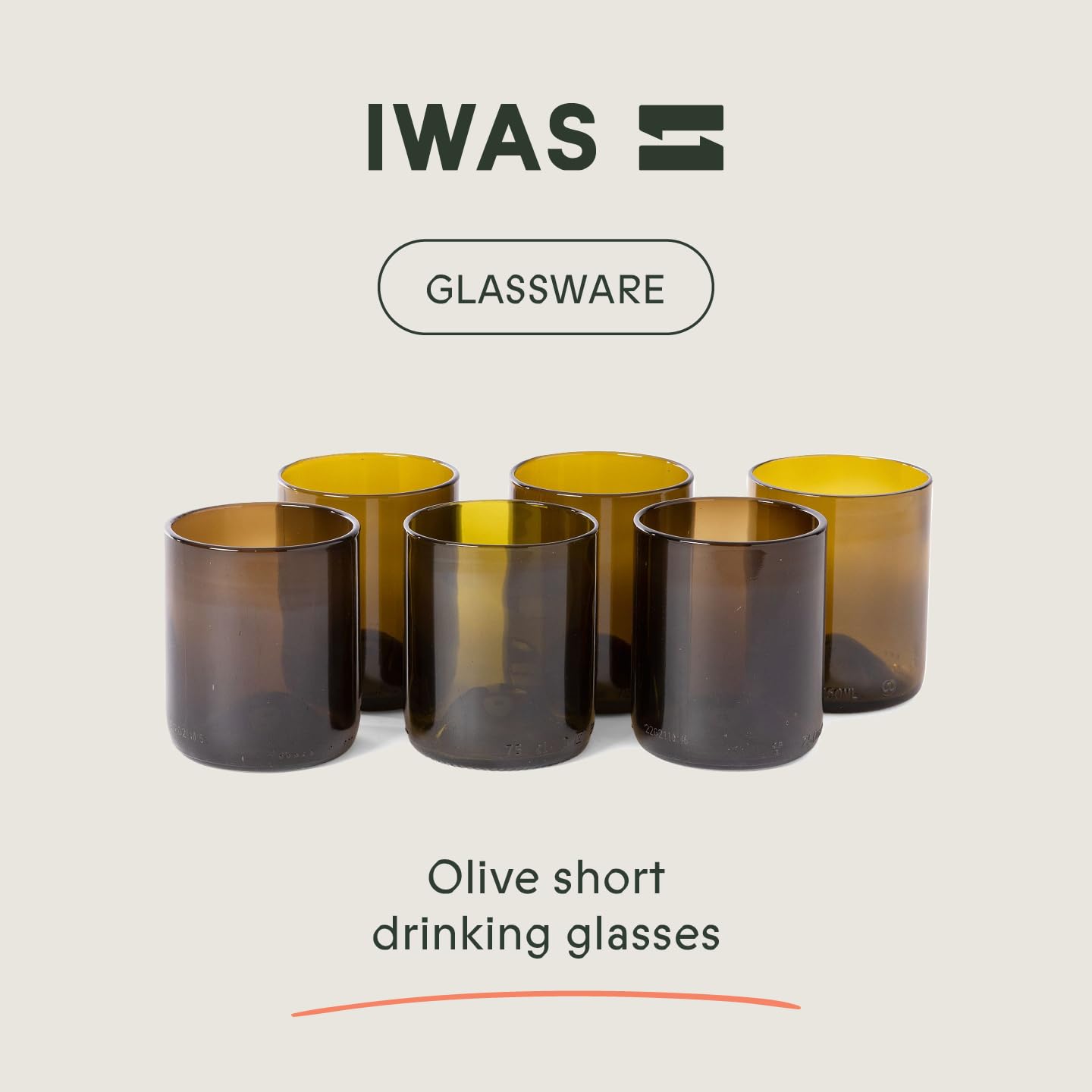 IWAS Upcycled Olive Drinking Glasses | 250 ML | 8.45 OZ | Set of 6 | Sustainable Water Glasses | Environmentally Friendly Dark Brown Glasses For Home