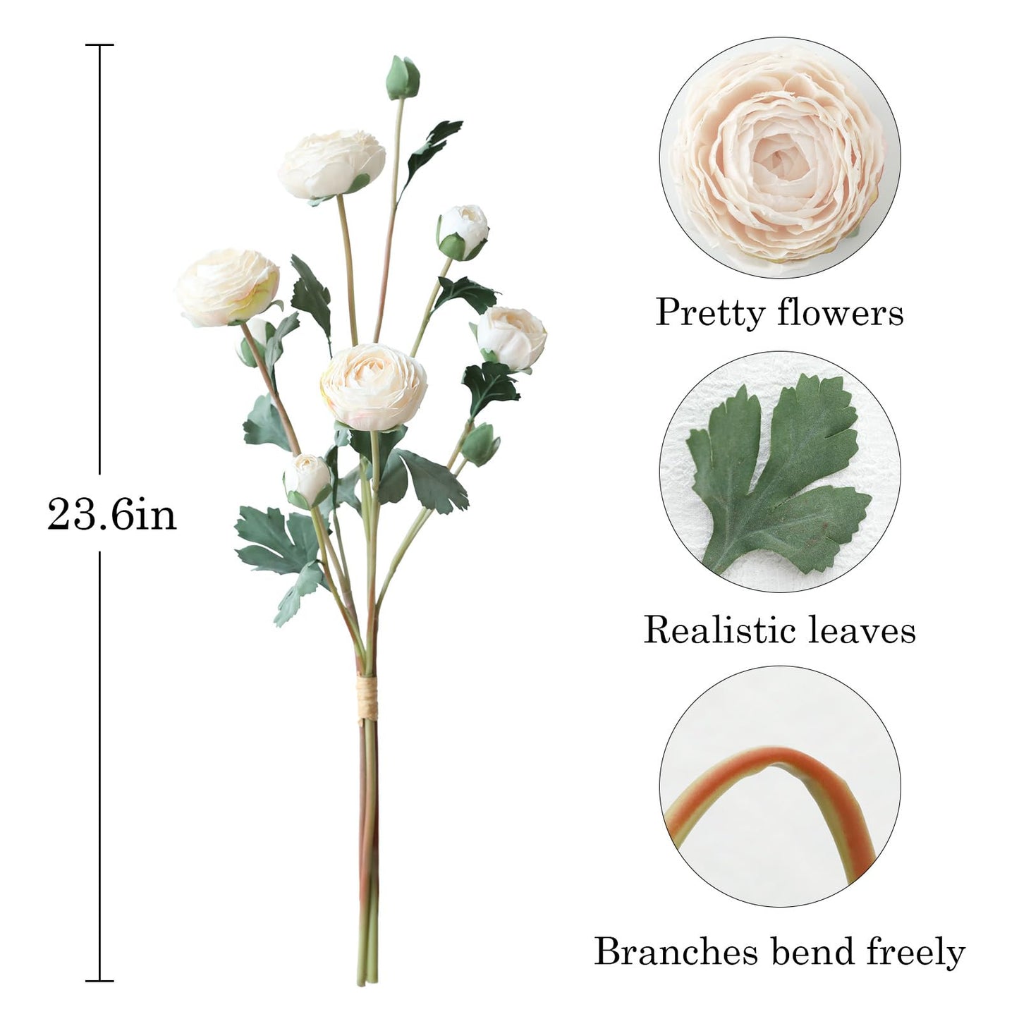 LILUYTO 6Pcs Realistic Silk White Ranunculus Artificial Flowers Long Stems, 23.6" Tall Fake Flowers Faux Flowers Suit for Year-Round Home Decoration, Wedding, Bridal Bouquets, Office