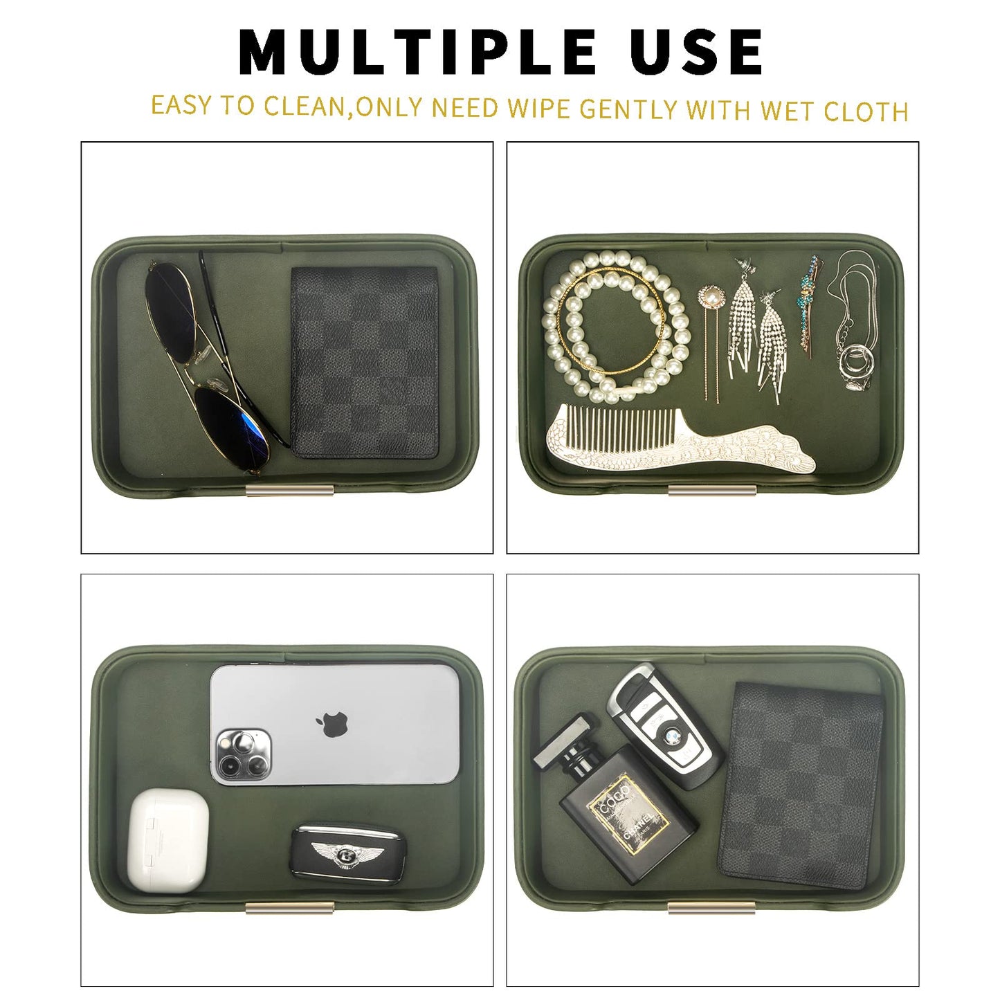 SANZIE Luxury Leather Tray Desktop Storage Catchall Organizer Decorative Tray for Entryway Table to Hold Jewelry Watch Keys Phone Wallet (Metal Glided, Green)