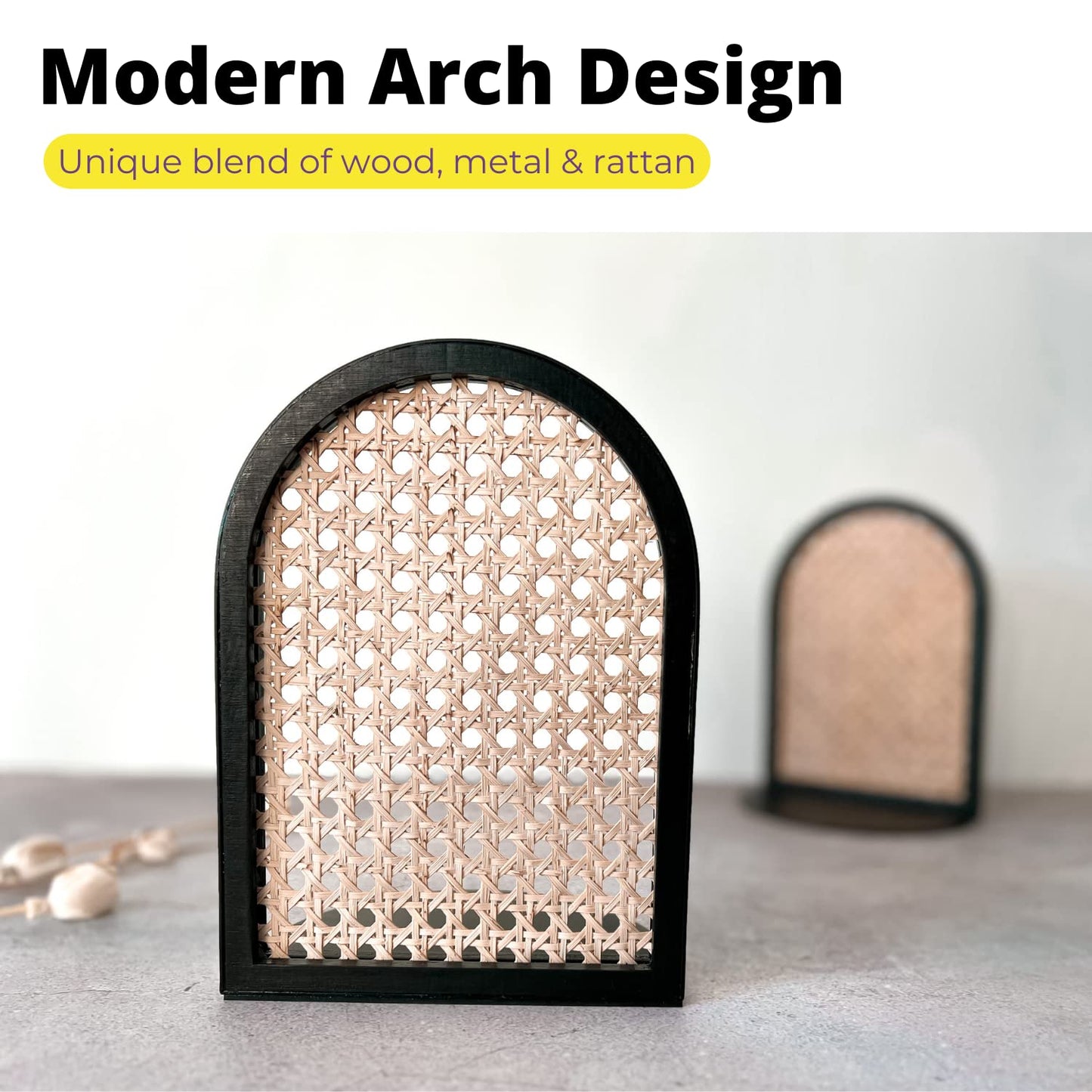 PurpleWares Arch Rattan Decorative Bookends - 9" Heavy Duty Black Metal Book Ends Stopper Non-Skid Bottom for Shelves, Unique Modern Large Book Holder Organizer Bookshelf Decor Display (Extra Tall)