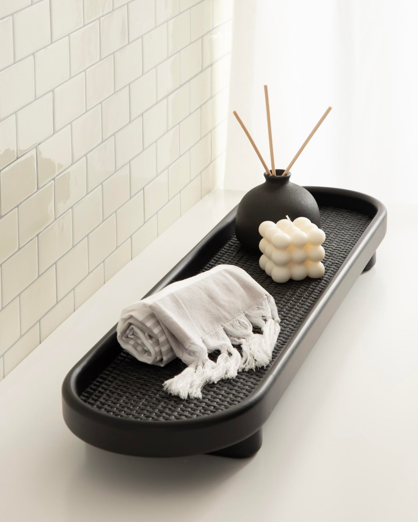 Kate and Laurel Planche Decorative Capsule Woven Tray with Solid Wood Frame, 27 x 8, Black, Modern Slim Wood Rectangle Serving Tray for Living Room