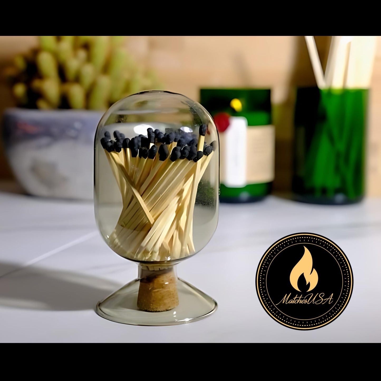 INCLUDES MATCHES ! | Smoke Gray Glass Matches Cloche | Grey Tinted Decorative Match Holder Jar for Candles Set Display (Black Matches)