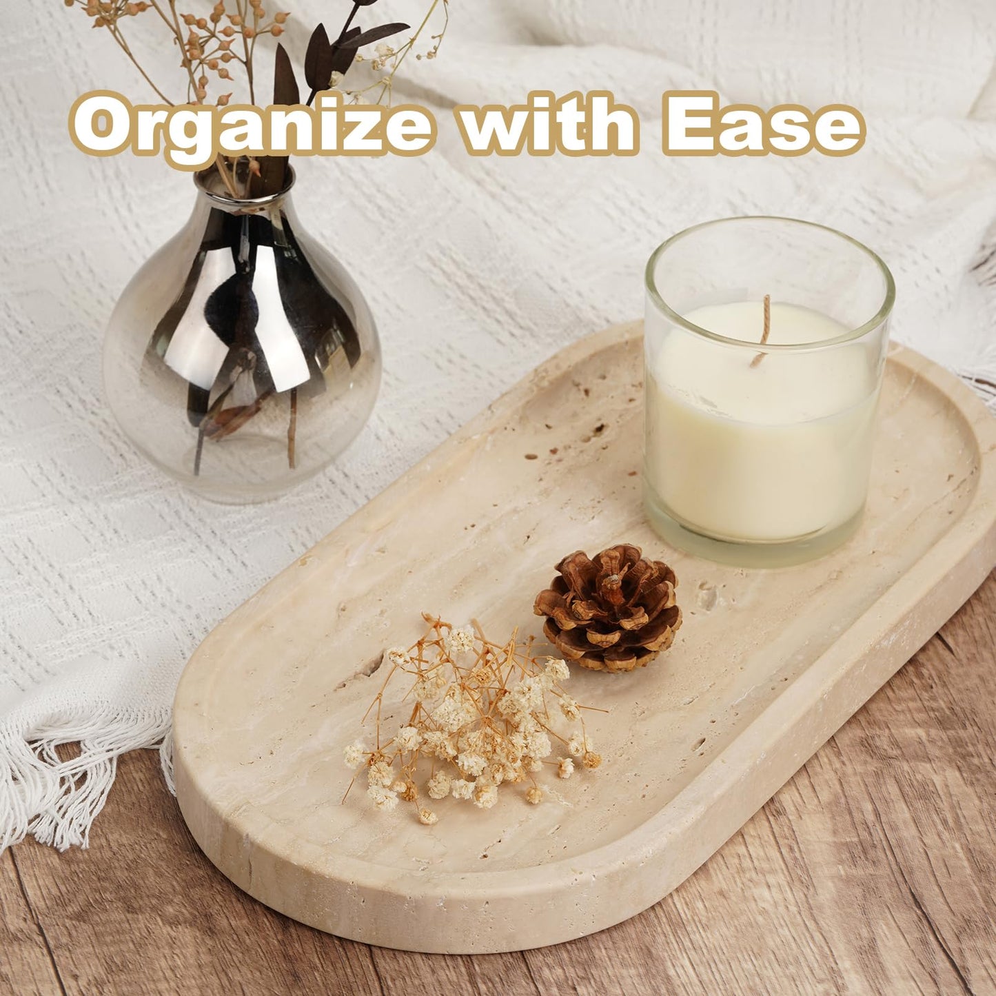 Koville Italian Natural Travertine Vanity Decorative Marble Tray, 12"x6" Light Beige Travertine Wabi Sabi Style Catchall Tray for Perfume, Candles, Jewelry