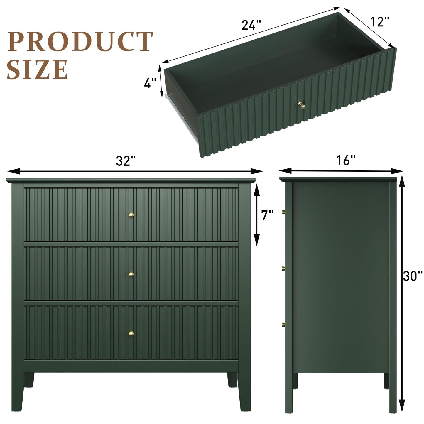 RoyalCraft Large 3 Drawer Dresser Set of 2, Fluted Chest of Drawers with Storage, Modern Painted 30 inch Tall Nightstand for Bedroom Living Room Entryway, Green