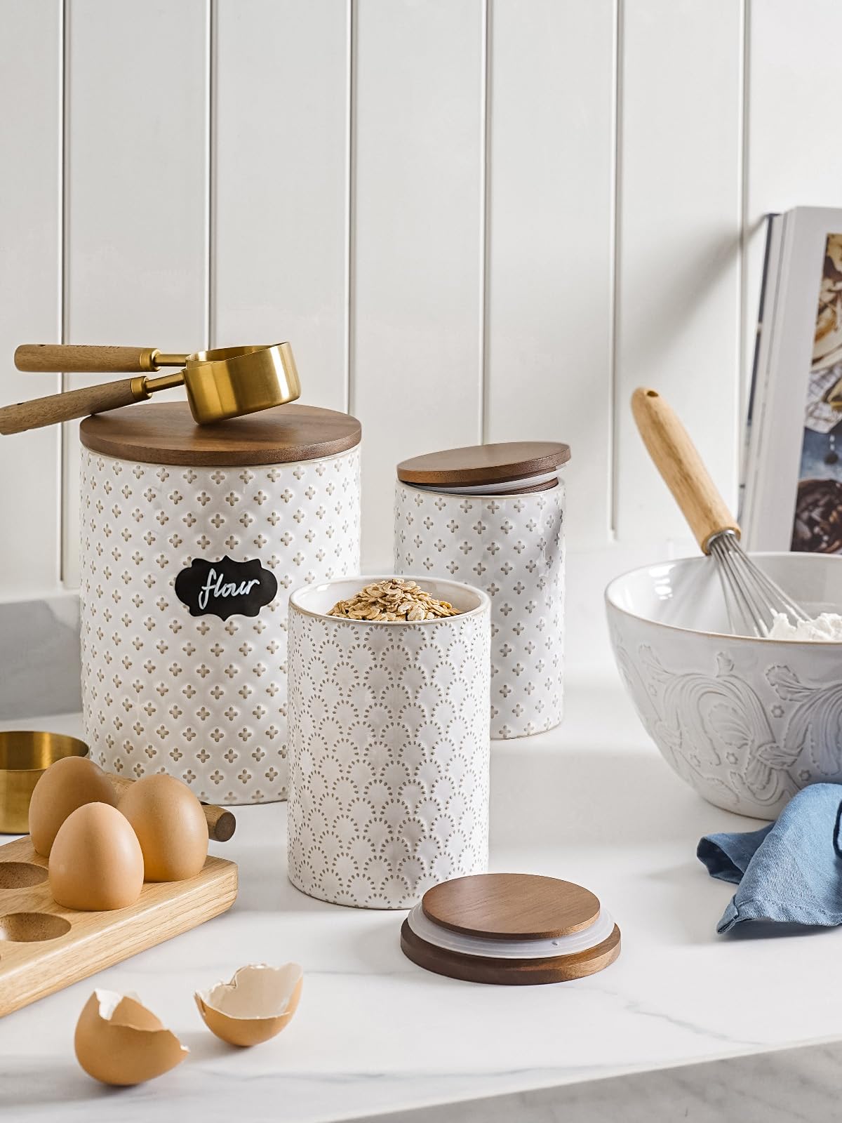 LE TAUCI Food Storage Containers with Airtight Lids, 78/25 oz Ceramic Sugar Canisters Sets, Embossed Large Jars for Pasta, Oats, Coffee Bean, Cookies, Rice, Grains, Tea - Set of 2, Fireworks