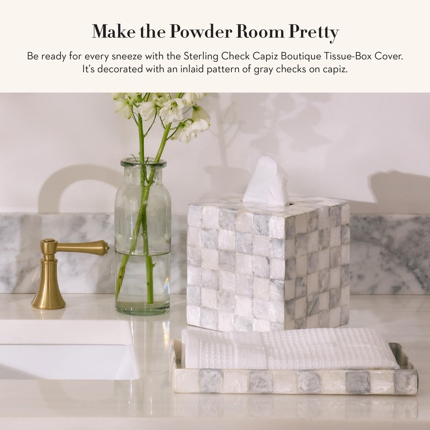 MACKENZIE-CHILDS Boutique Square Capiz Tissue-Box Cover, Decorative Tissue Holder, Gray-and-White Sterling Check