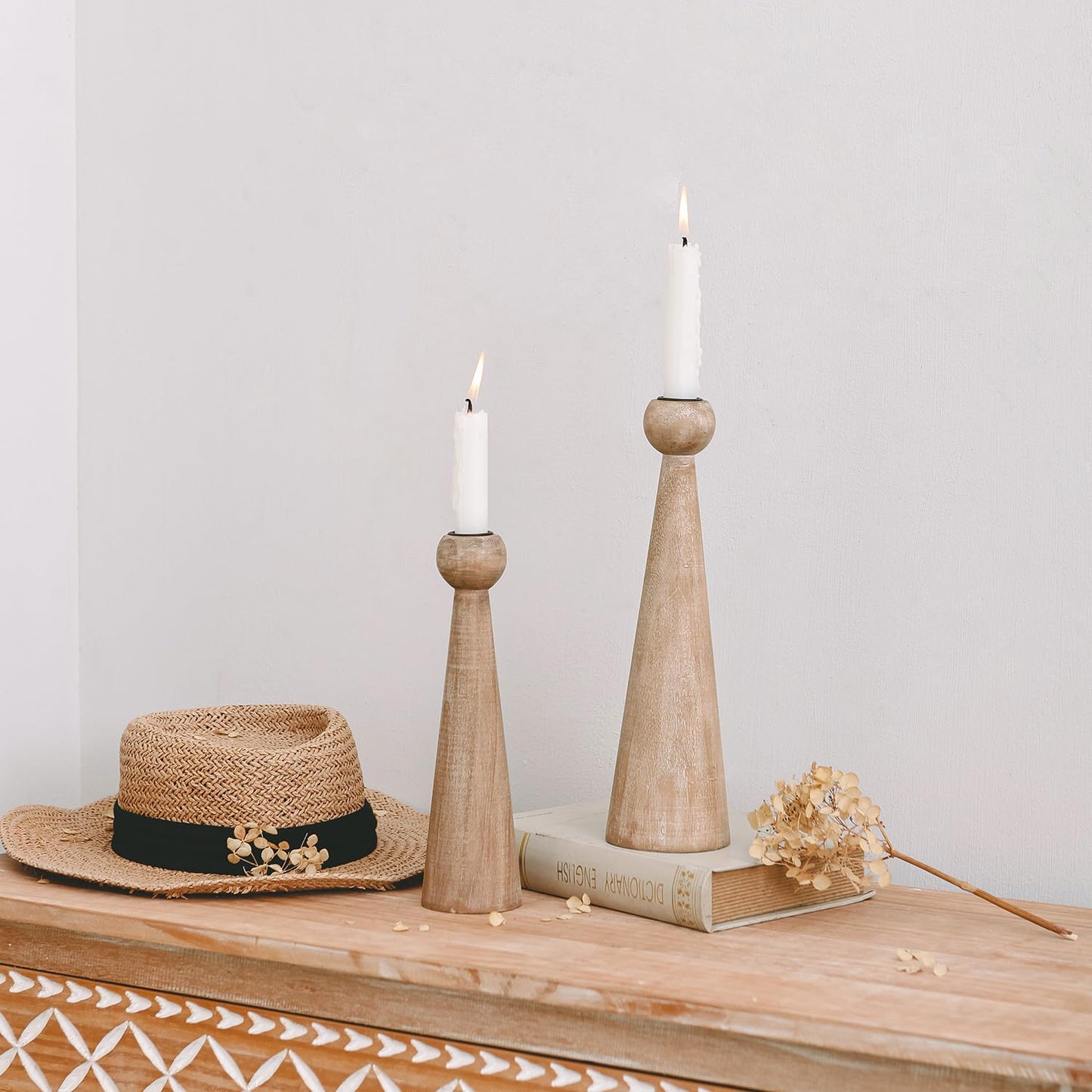 NIKKY HOME Wood Taper Candle Holders Set of 2, Farmhouse Tall Candle Stand Decorative Candlestick for Wedding Party Mantle Fireplace Dining Room Table Centerpieces Decor