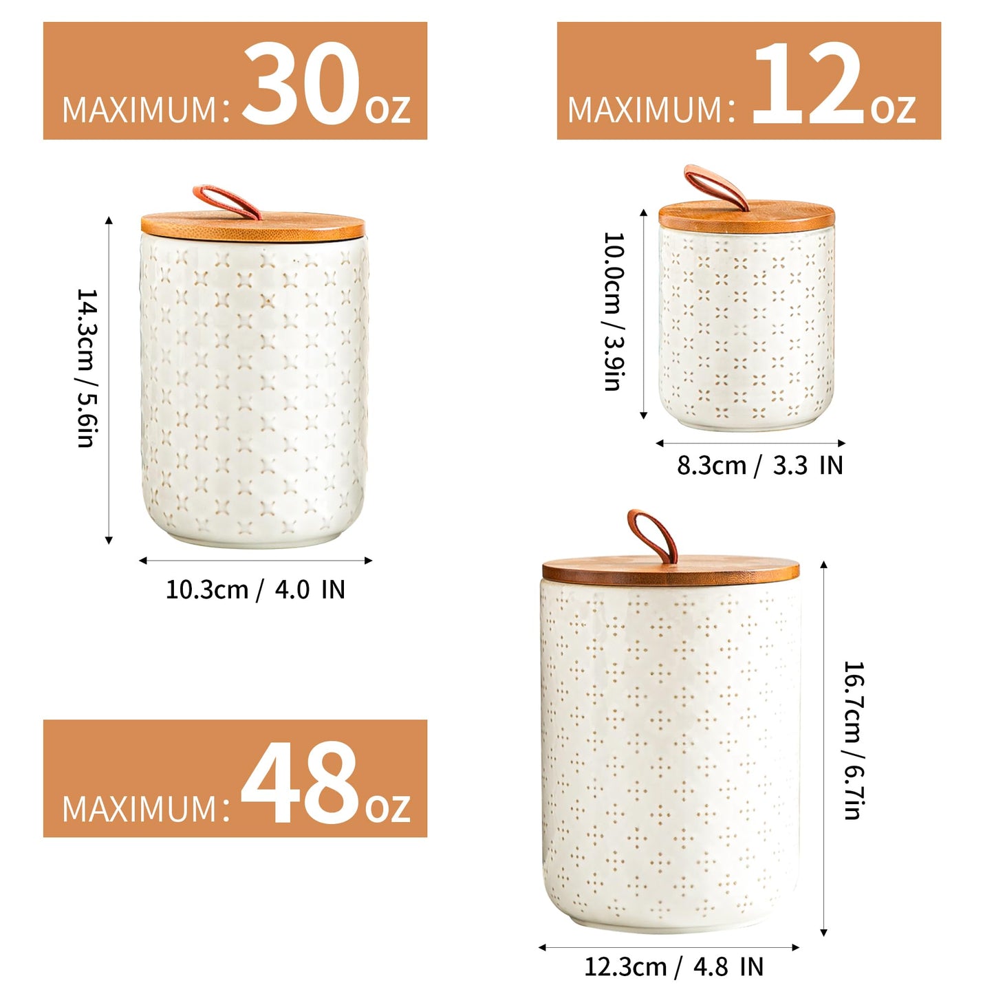 JOJUNO White Ceramic Canister Set with Wooden Lids – 3-Piece Airtight Food Storage Jars for Kitchen, Embossed Design, Small/Medium/Large Sizes (12/30/48 oz) – Flour, Sugar, Coffee, Tea Containers
