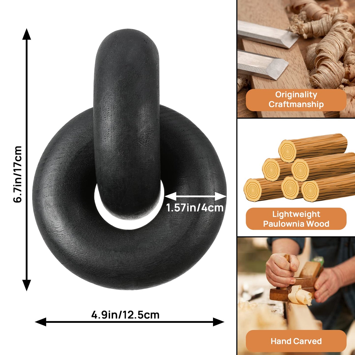 POPRHINO Wood Chain Decor, 2-Link Decorative Chain Hand Carved Boho Wood Knot Decor for Bookshelf Desk Living Room Coffee Table Farmhouse Ornament (Black)