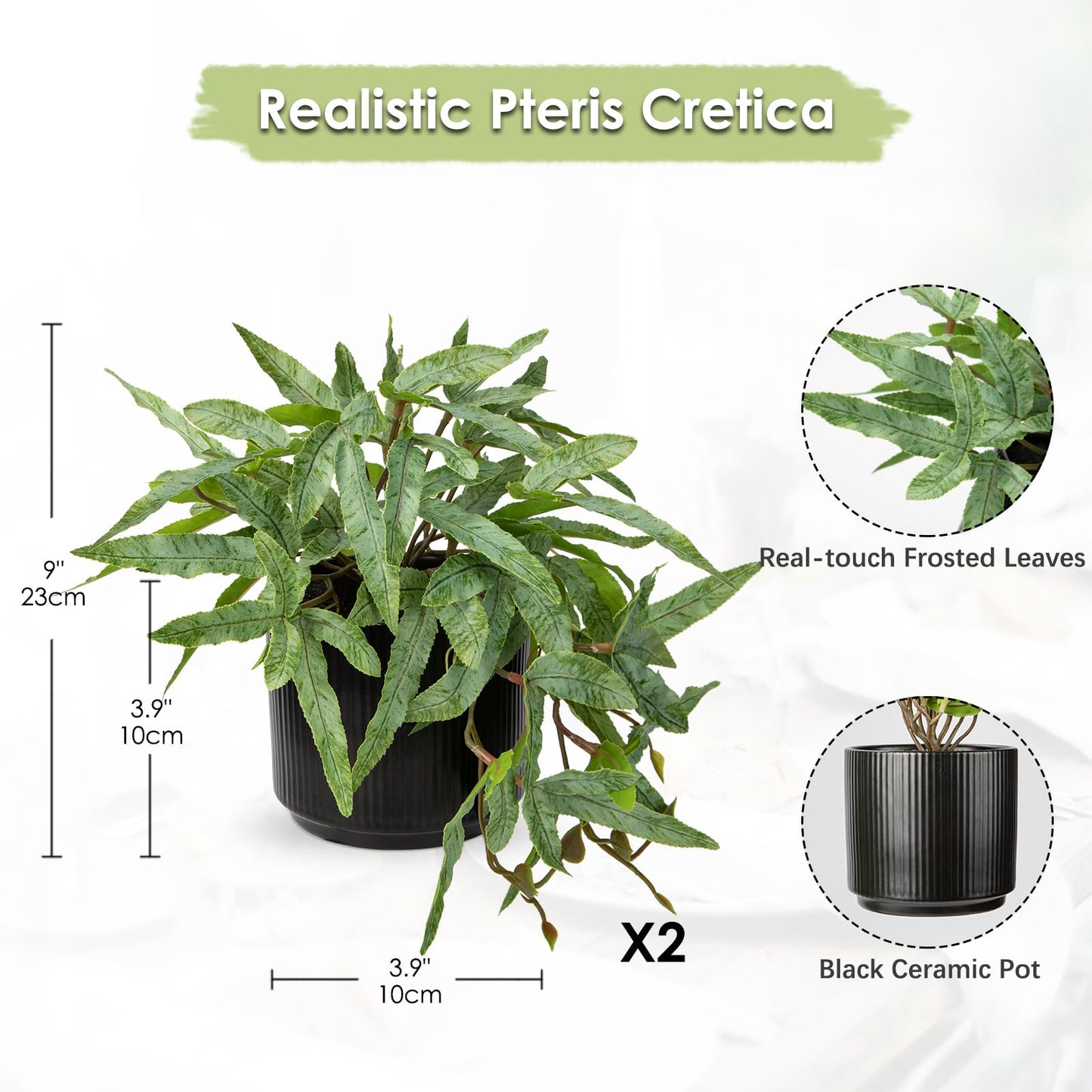 Briful Faux Plants Indoor 9'' Artificial Potted House Plant with Black Ceramic Pot Fake Pteris Cretica Fern Plant for Home Office Room Desk Shelf Decor Indoor