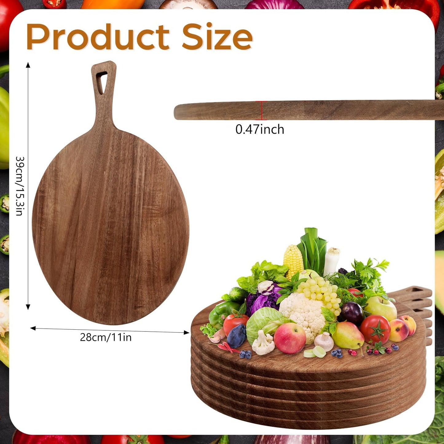 15.4 x 11.4 Inch Acacia Large Wood Cutting Board with Handle Large Round Wooden Cutting Boards Cutting Serving Board for Kitchen Meat Bread Cheese Pizza Vegetables Board Wedding Housewarming Gift