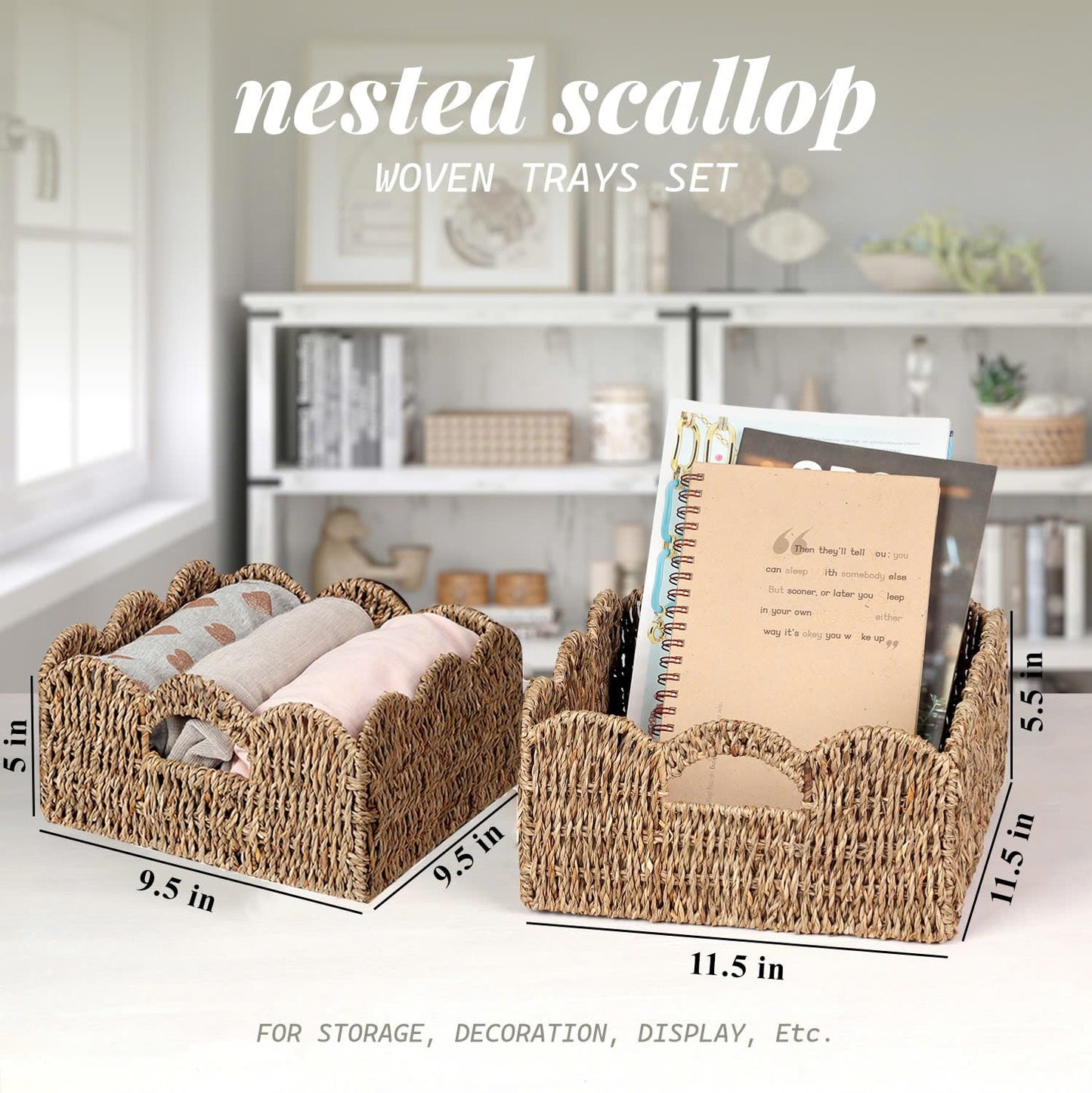 Scalloped Baskets (Natural-Set of 2) Seagrass Basket For Decor, Basket Living Room Organizer, Bathroom, Bedroom, Laundry,... Seagrass Storage Baskets with Built-in Handles.