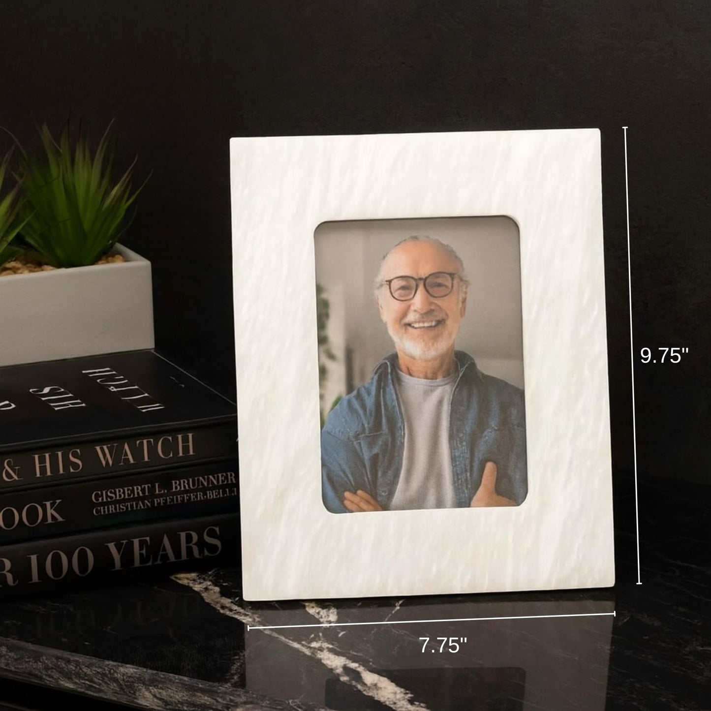 Bey-Berk White Marble Photo Frame 4" x 6" – Decorative Picture Holder for Tabletop, Desk, Shelf & Home Decor Display