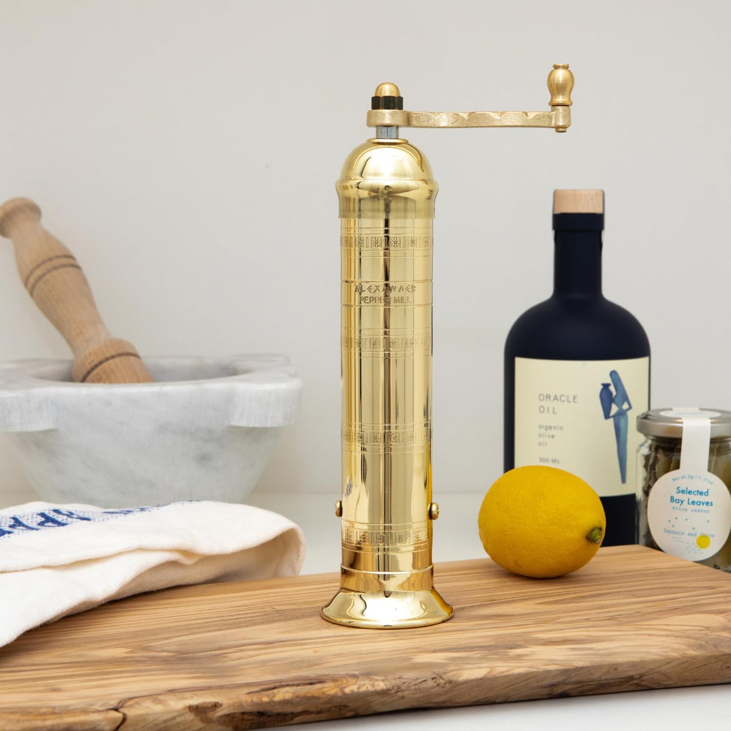 Alexander Home The Original Greek Pepper Mill 9 Inch Tall | European Pepper Mill Grinder with Crank Handle | Manual Pepper Grinder | Peppercorns Refillable - Brass