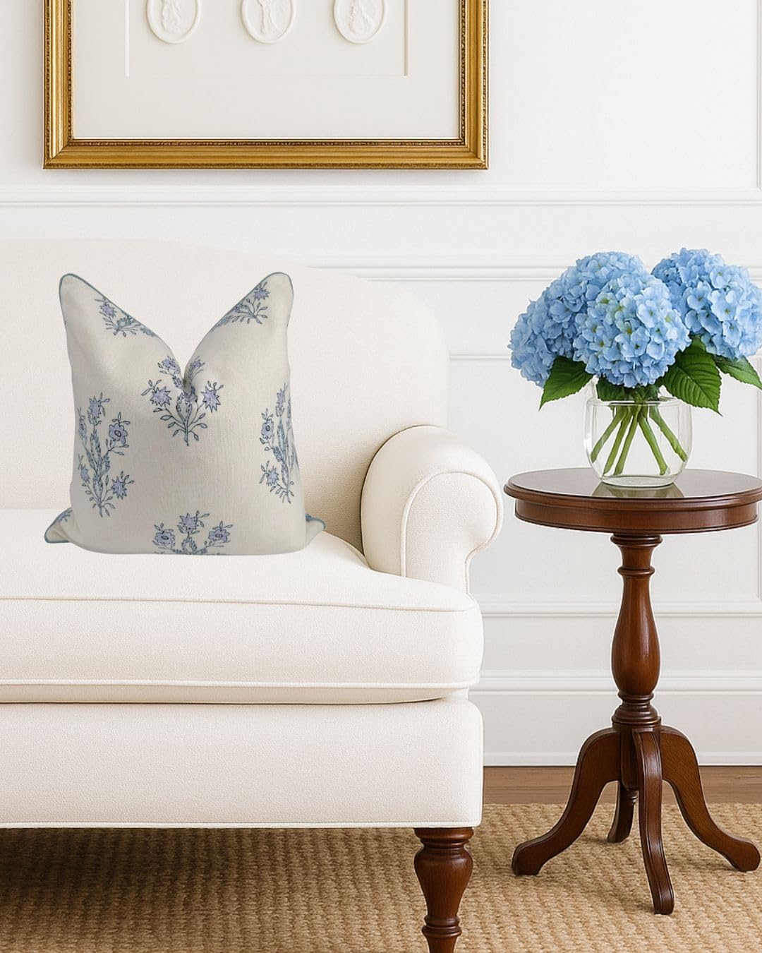 Jillien Harbor “The Mary” Periwinkle Floral Block Print Pillow Cover – Blue and Off-White Decorative Throw Pillow Cover – Grandmillennial Home Decor, 19" x 19"