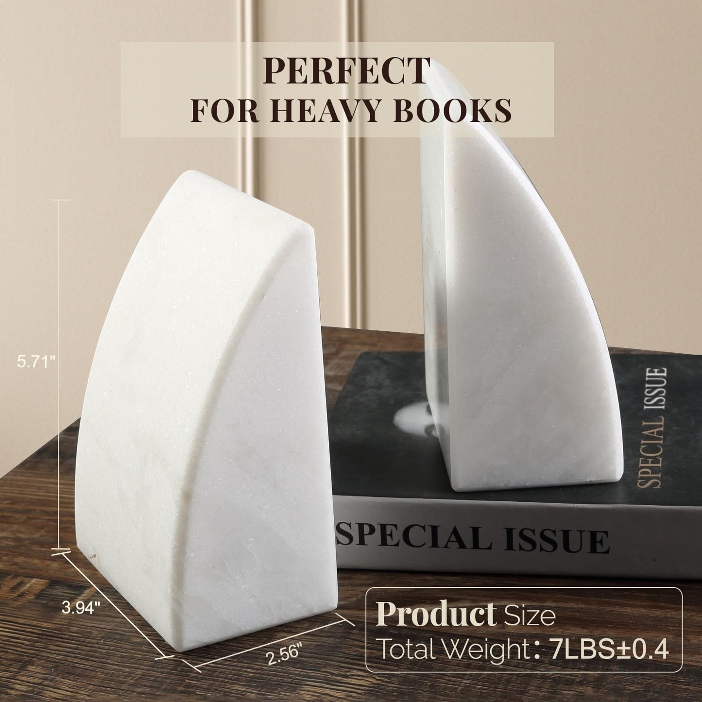 Koville Marble Bookends for Shelves, Large Bookends for Heavy Books, Natural Stone Book Stopper for Books CD Movies, Aesthetic Decorative Book Ends (White)