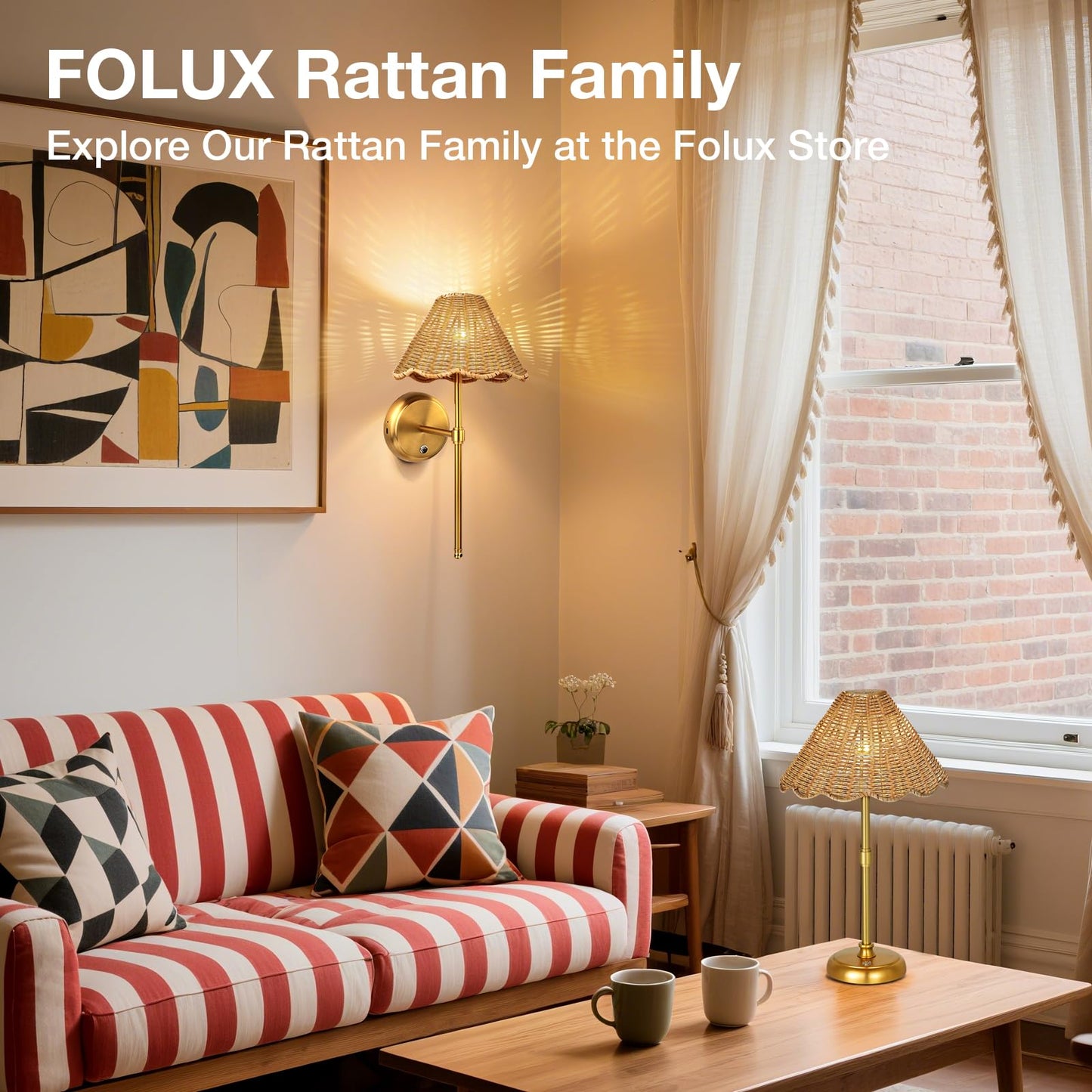 Folux Cordless Boho Rattan Table lamp, 5200-mAh Rechargeable Battery, 3-level Brightness Dimmable, Build-in Integrated LED 320 Lumen Max, Rattan Shade, for Bedside Restaurant Resort Hotel Dining Table