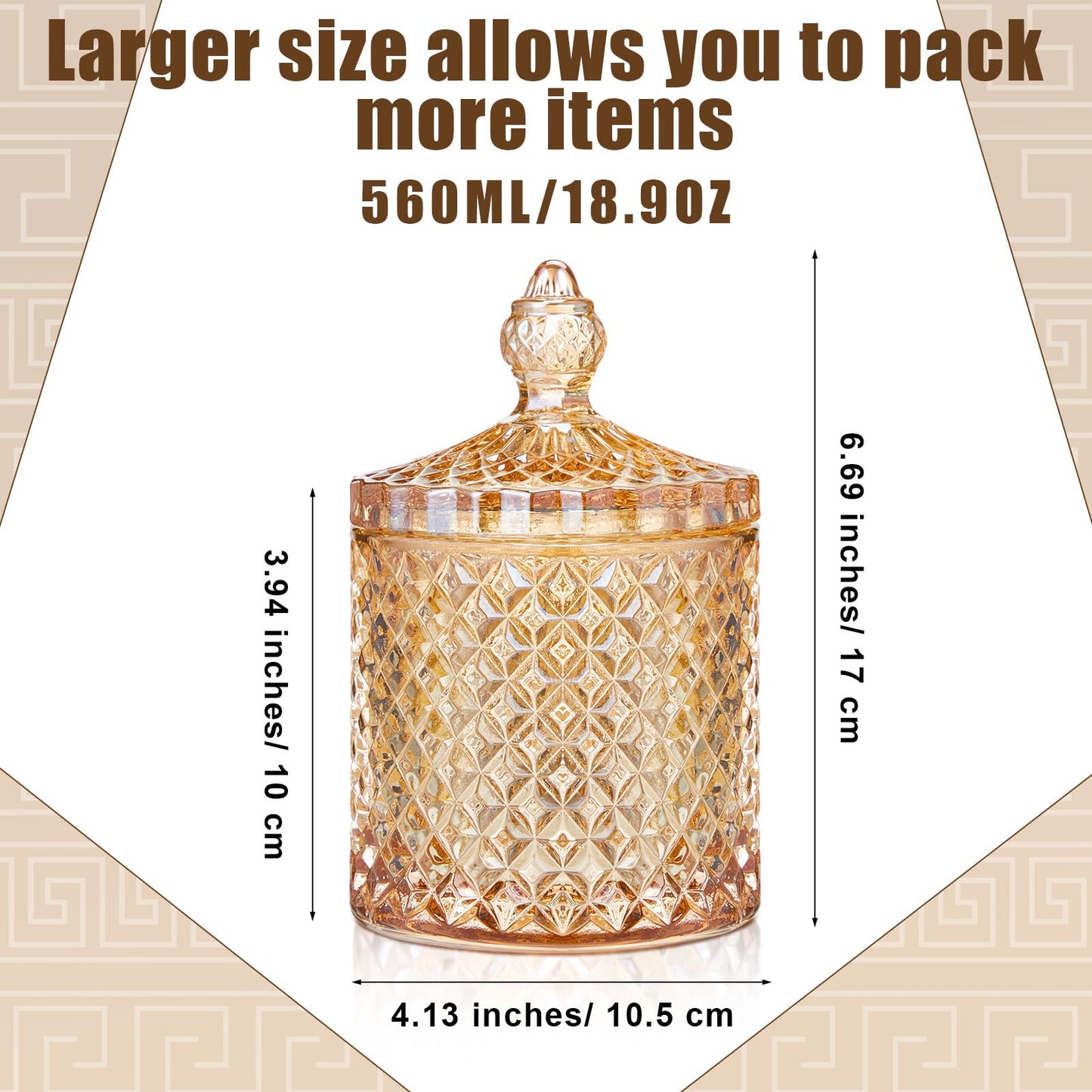 Aoriher 4 Pcs Crystal Glass Candy Jar Set with Lids Home Decorative Storage Jars for Apothecary, Bathroom, Kitchen, and Pantry, Ideal for Cotton Swabs and Jewelry(Large,Amber)