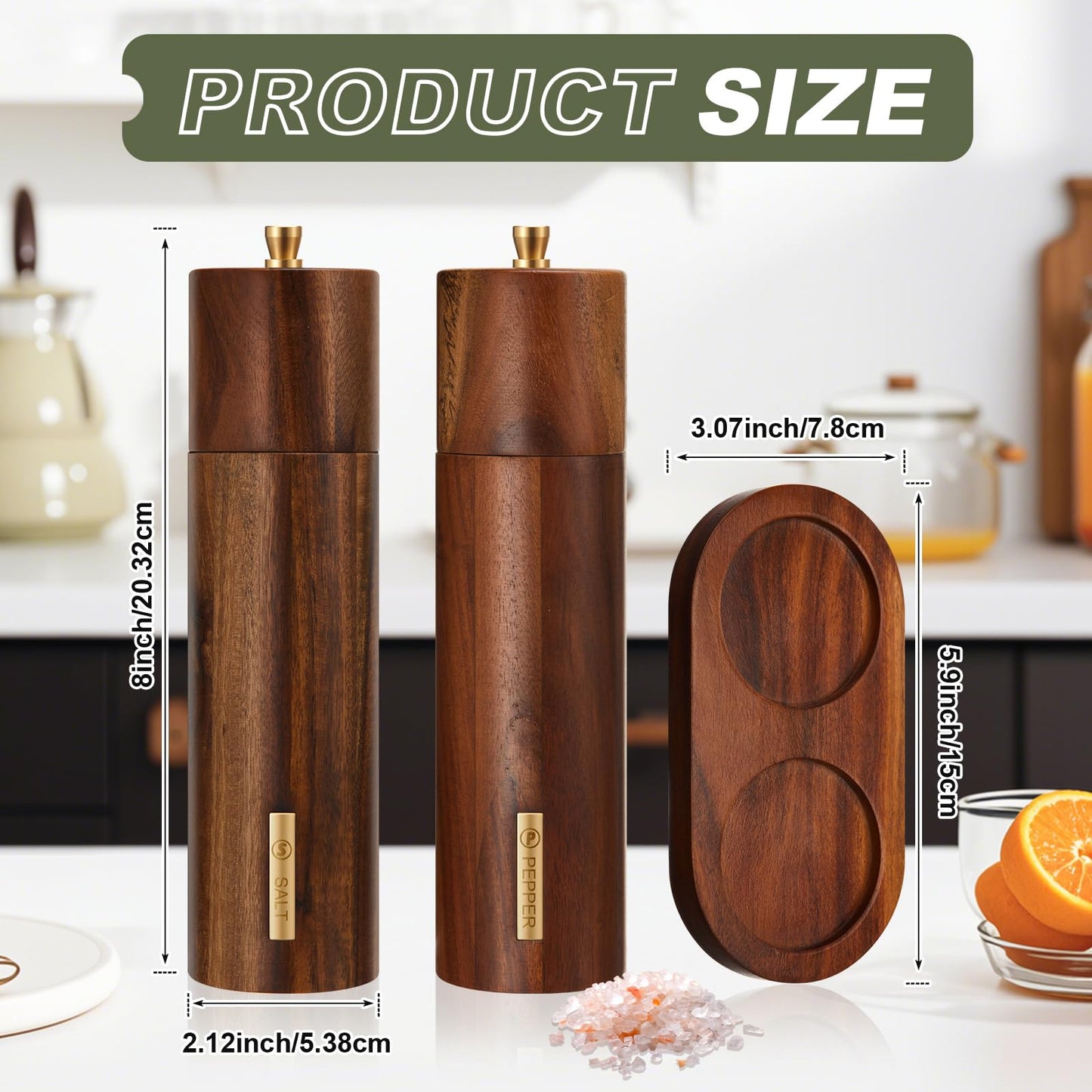 LOYIM Wooden Salt and Pepper Grinder Set 8 Inch Manual Salt and Pepper Mill with Tray Adjustable Coarseness Refillable Wood Grinders with Gold Bottle Label for Kitchen(Wood Color)