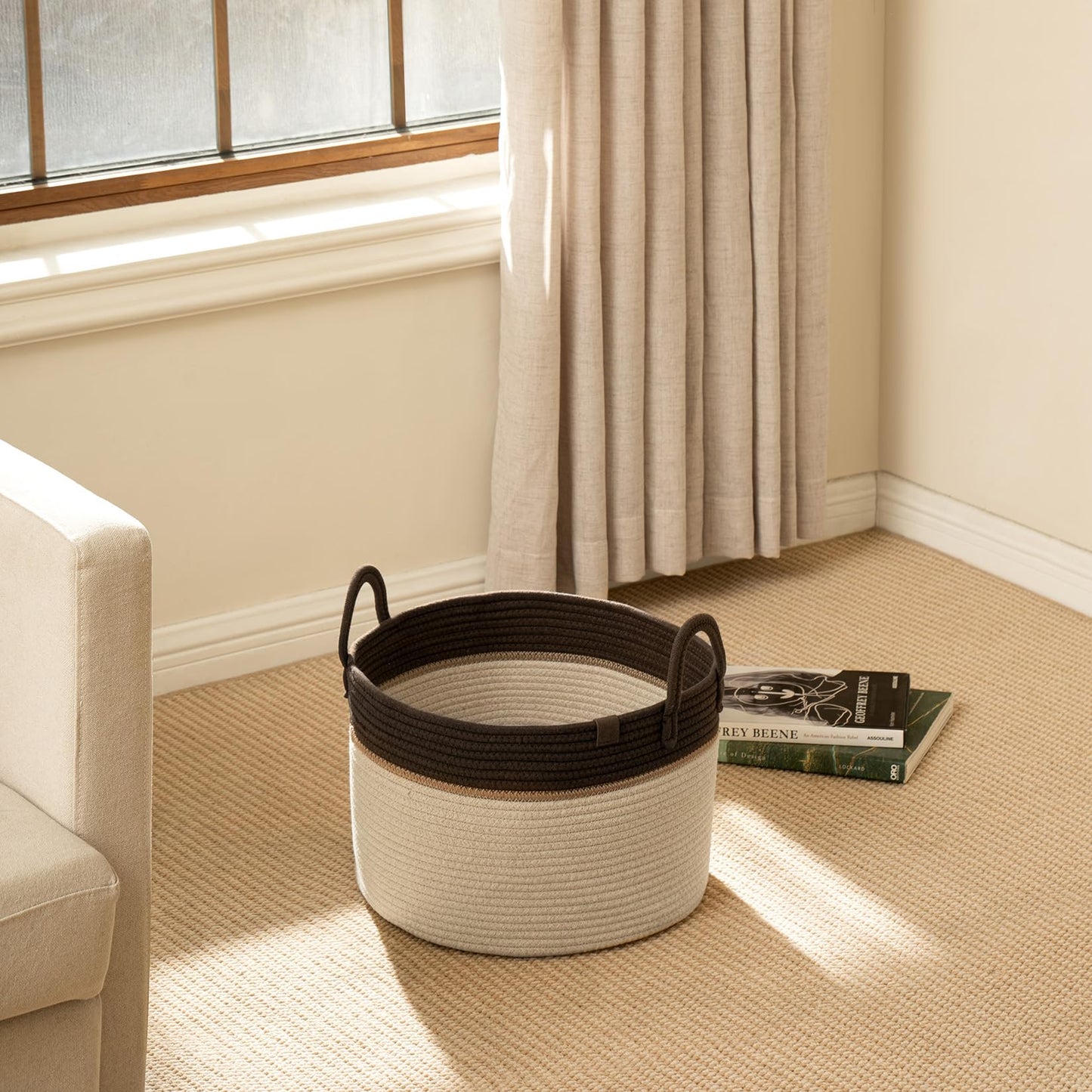 LA JOLIE MUSE Braided Basket, Cotton Rope Storage Baskets, Large Cotton Basket, Laundry Basket for Blanket, Children's Toys, Basket S Laundry Basket for Children's Room, Oatmeal, 32 Litres