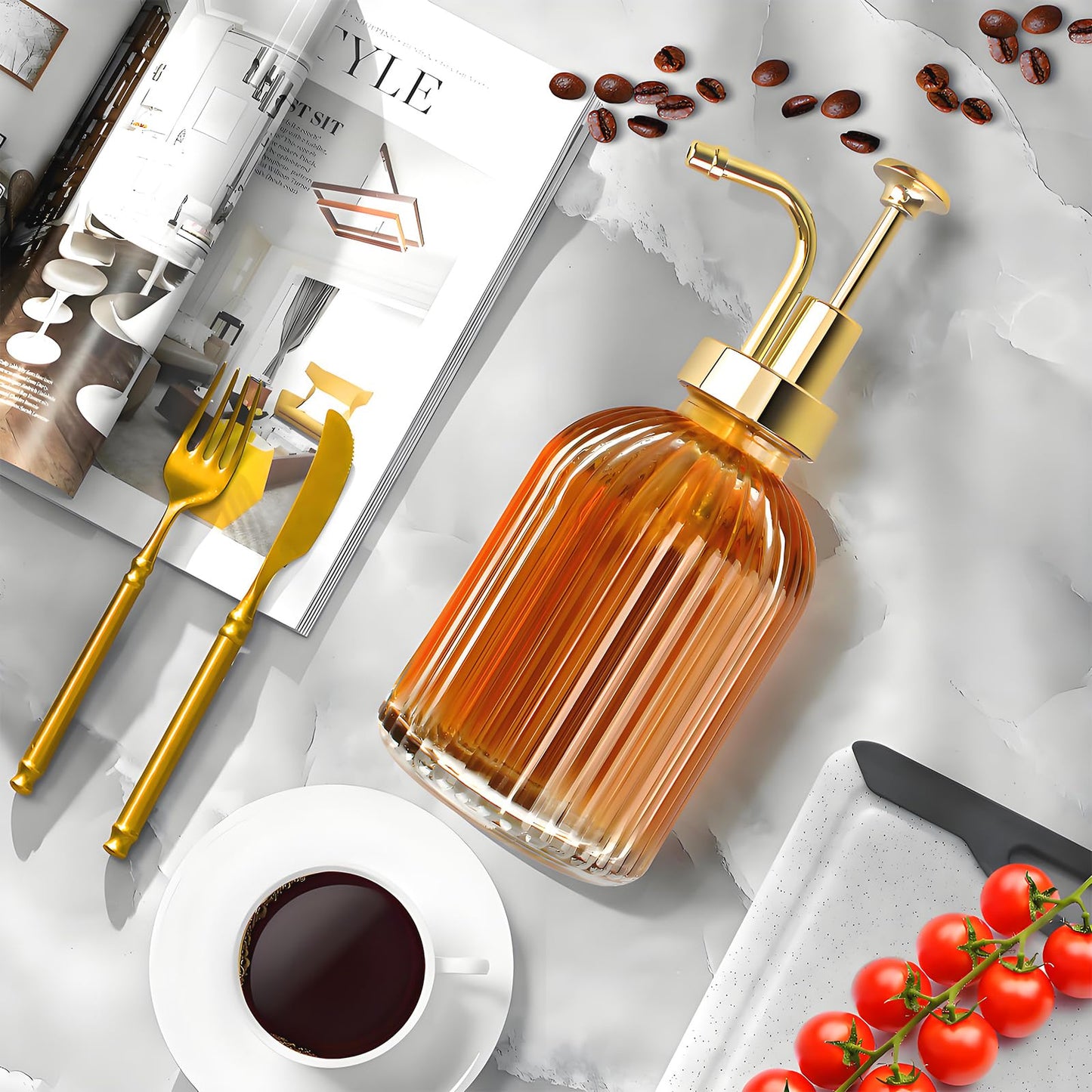 TIWPAJS Glass Coffee Syrup Dispenser 10oz, Syrup Bottles with Ribbed Design, Gold Syrup Pump, Coffee Bar Accessories, Honey Dispenser