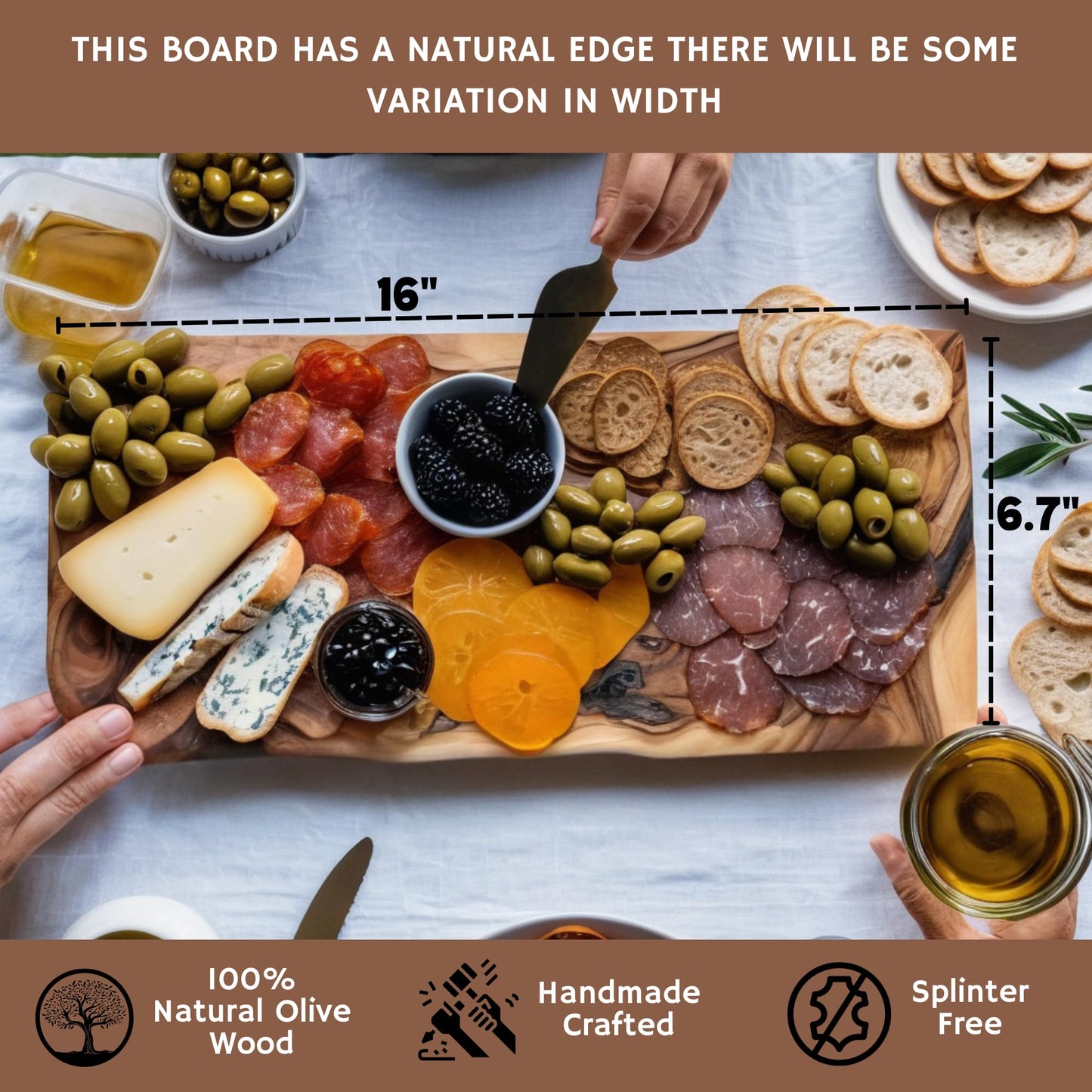 Live Edge Olive Wood Cutting Board 16"l X 6.75"w X 0.75"th Rustic Large Wooden Charcuterie Board - Handmade Bread & Cheese Board - Long Wood Charcuterie Boards - Natural Wood Cutting Board For Kitchen