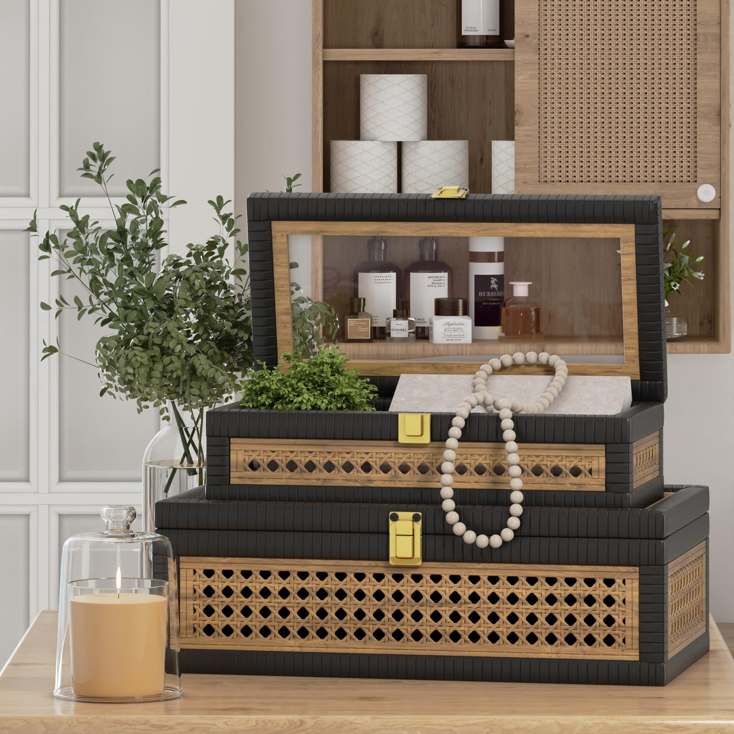 Fllamo Rattan Decorative Box,Boho Display Boxes with Lids,Set of 2 Rectangular Wicker Storage Decoration,Natural Woven Cane Bins for Home Decor for Rustic Farmhouse(Yellow and Black)