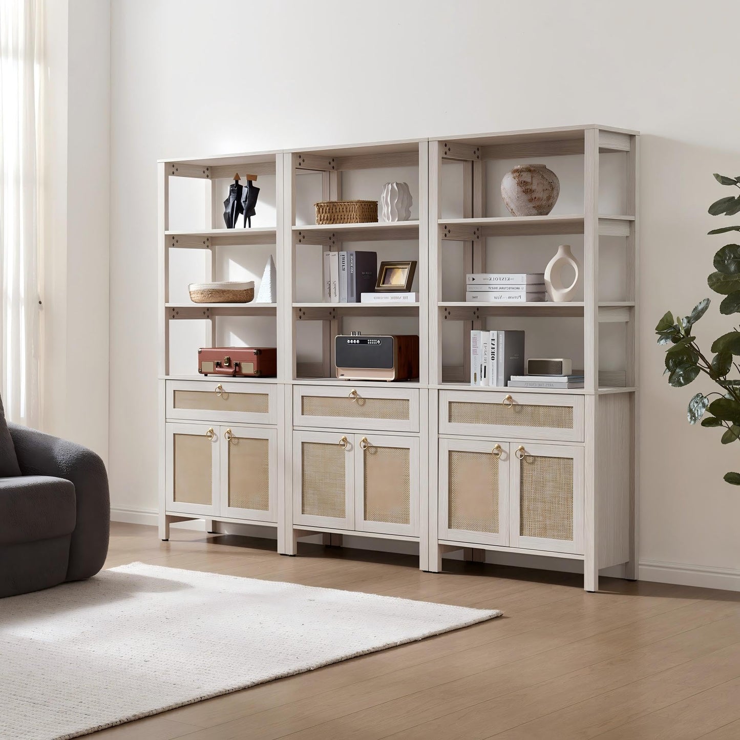 SICOTAS White Bookshelf with Drawer and Doors, Rattan Bookshelf with Round Gold Handle, 3 Tier Shelf for Storage, 68.5" Tall Book Shelf Boho Bookshelves for Home Office (3, White Cream Oak)