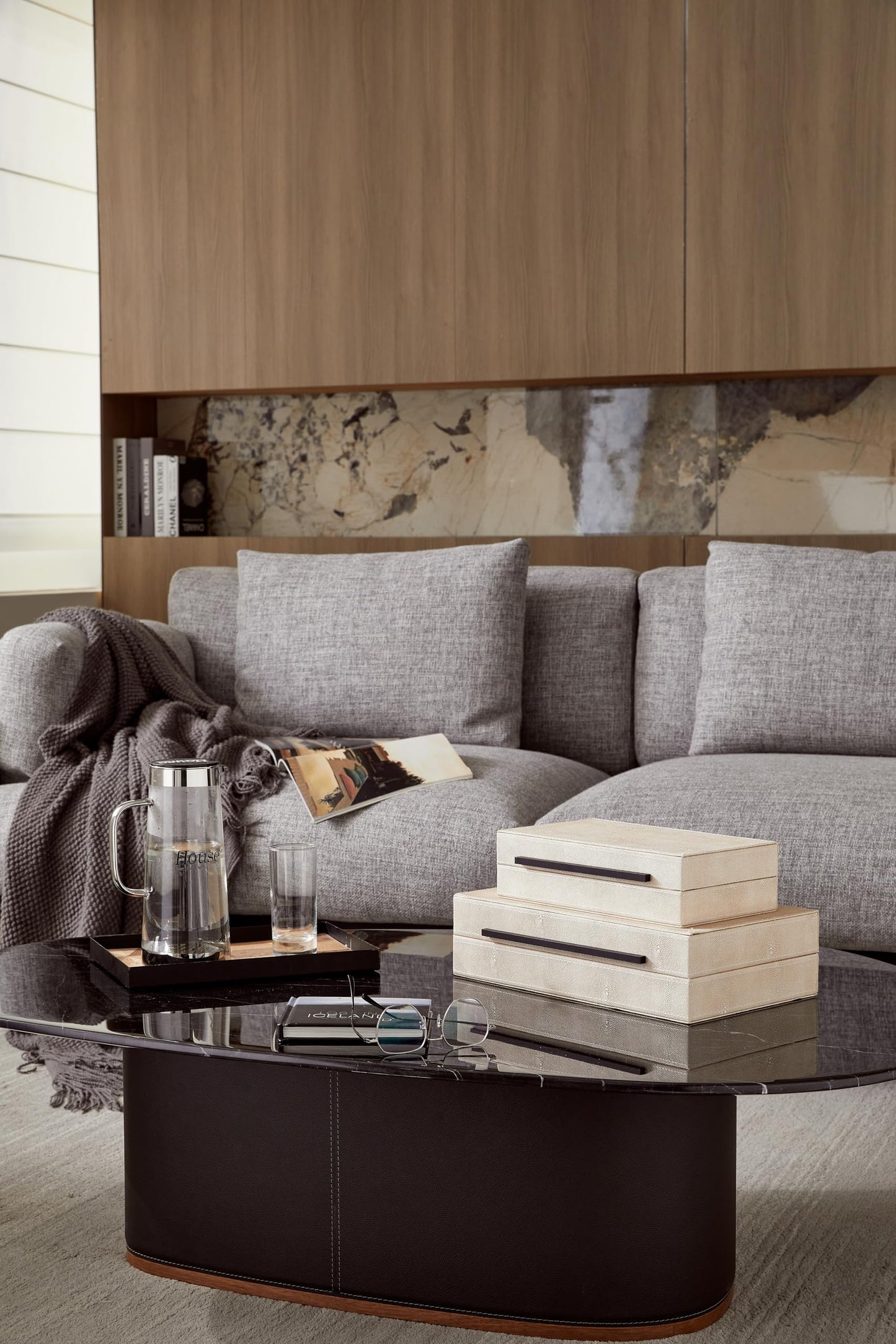 Goodinough Ivory Shagreen Decorative Boxes with Lids Set of 2 - Large Leather Stacking Storage Boxes for Home Decor, Black Metal Handle Remote Control Box, Modern Jewelry Box for Shelves, Coffee Table