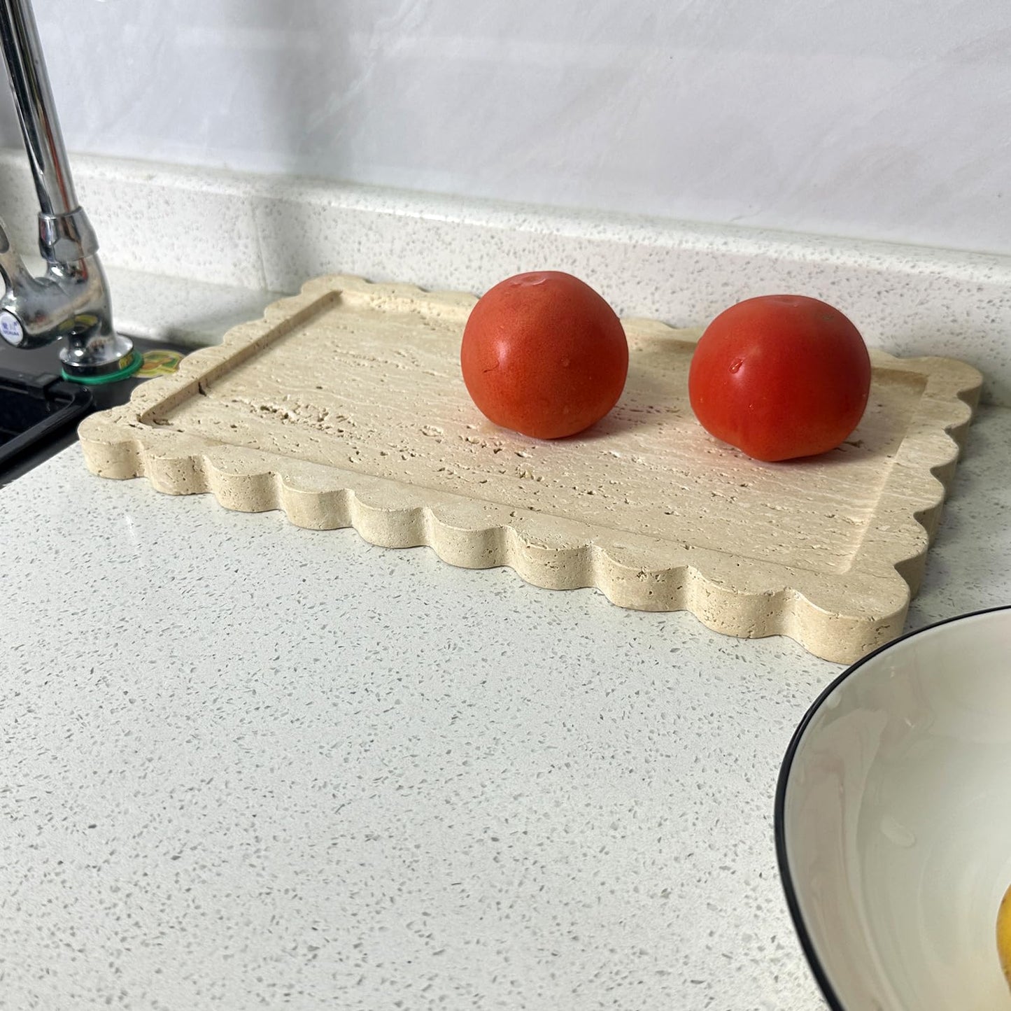 13.4 x 8 inch Large Travertine Tray with Scalloped Edge, Rectangle Decorative Tray for Coffee Table/Bathroom/Kitchen (Beige Travertine)