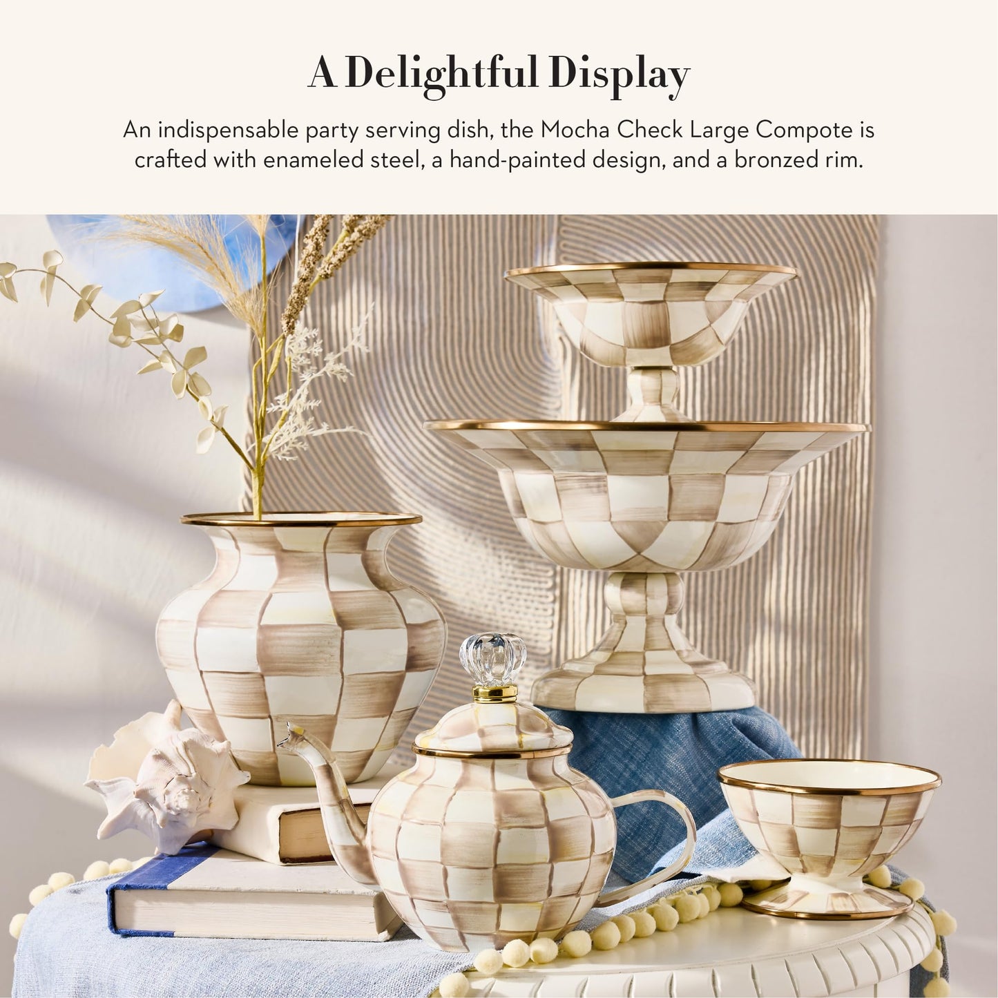 MACKENZIE-CHILDS Enamel Compote, Cute Enamel Pedestal Serving Dish or Decorative Bowl, Large, Brown-and-White Mocha Check