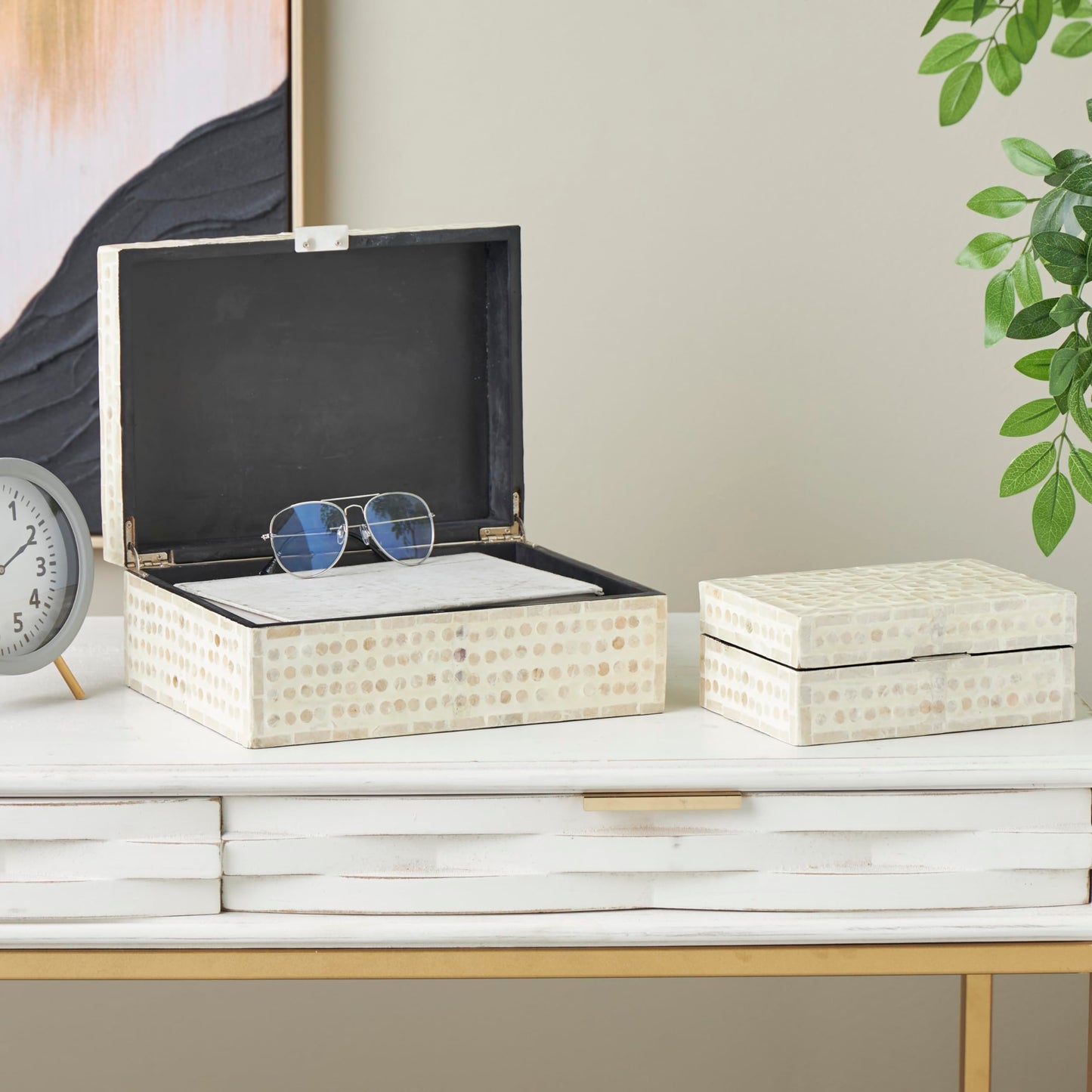 Deco 79 Mother of Pearl Shell Geometric Handmade Decorative Box Mosaic Dot Storage Decorative Keepsake Box with Brown Accents, Set of 2 Storage Box 12", 8"W, Cream