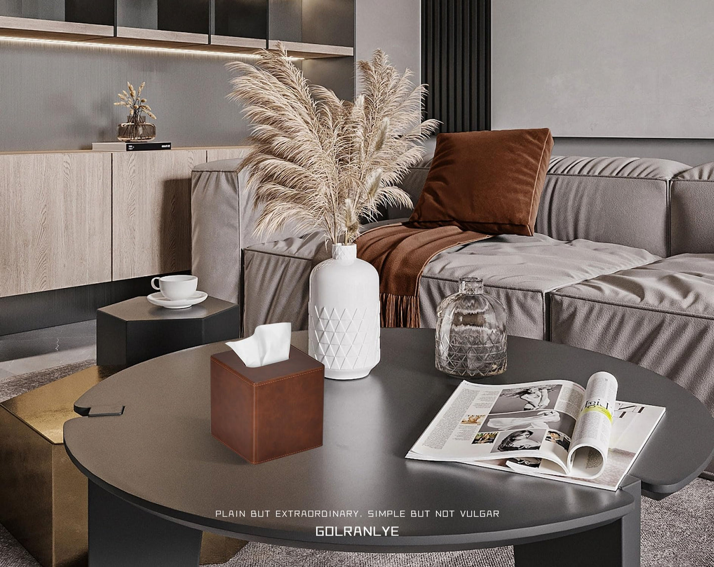 GOLRANLYE Tissue Box Cover Square PU Leather Facial Tissue Box Holder for Dresser Bathroom Decor (Brown)