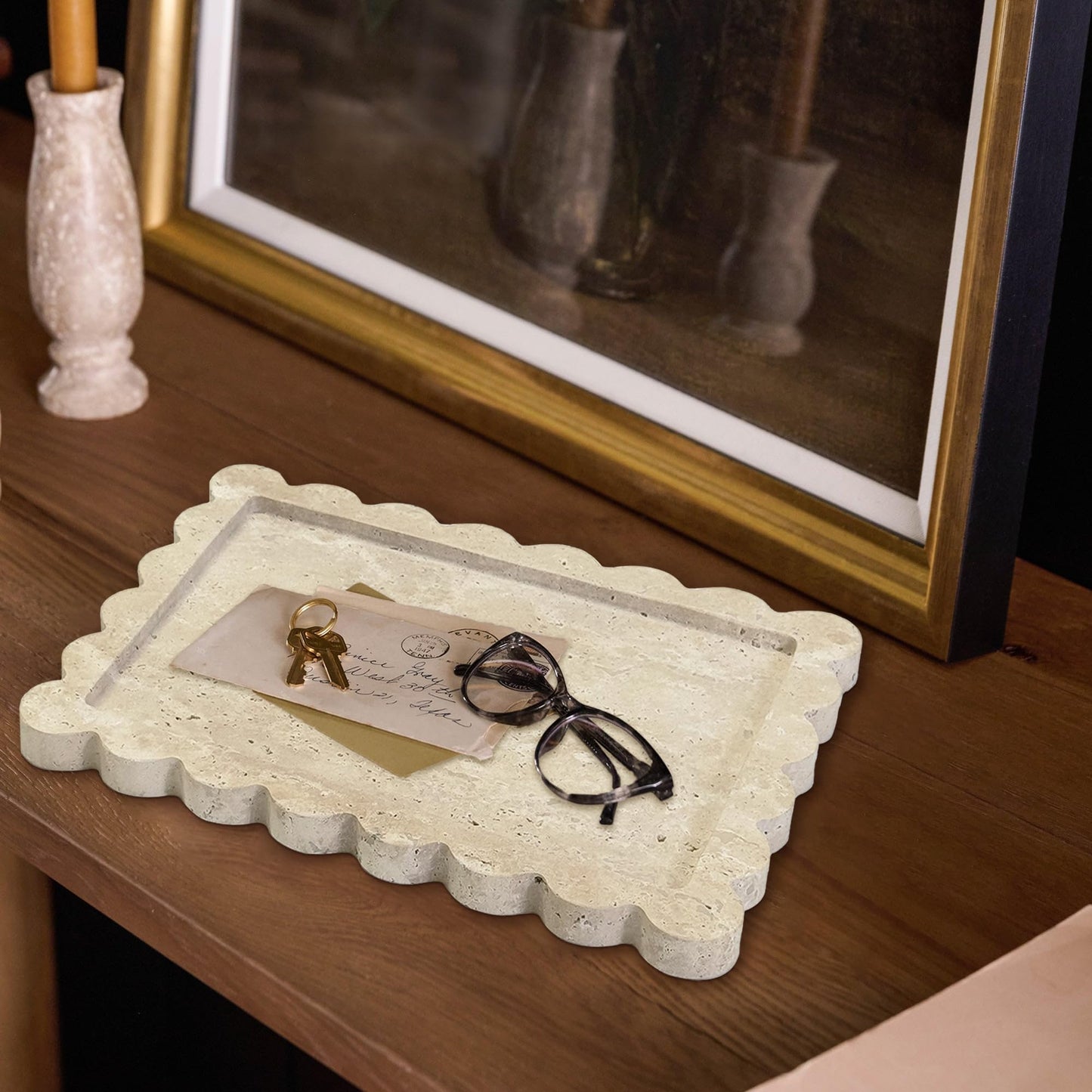 Marble Tray 100% Marble Vanity Trays for Bathroom 12" x 9", Scalloped Tray, Marble Tray for Kitchen Counter, Bathroom (Beige Travertine)