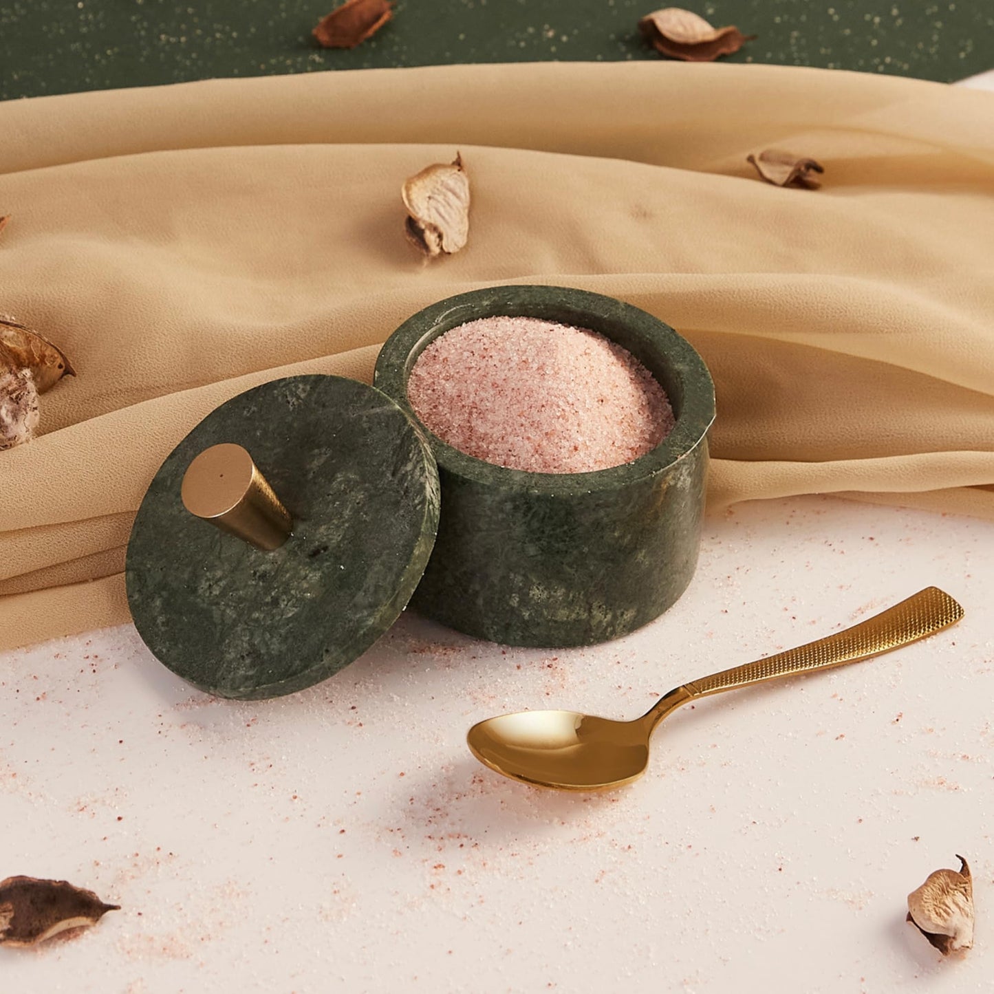Queenza Marble Salt Cellar with Lid and Brass Knob (Green)