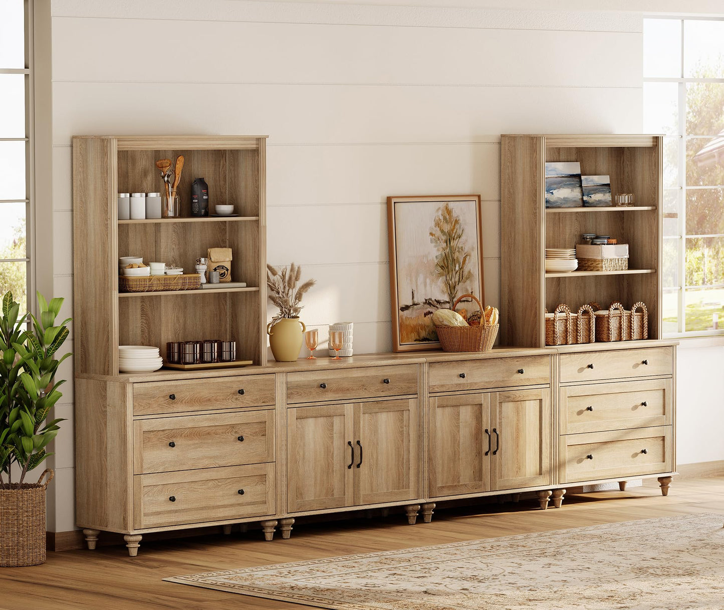 WAMPAT Entertainment Center with Bookshelves for TVs up to 75", Farmhouse Wall Unit TV Stand with Doors & Drawer, Media Console Table for Living Room, Bedroom & Home Theater, Oak