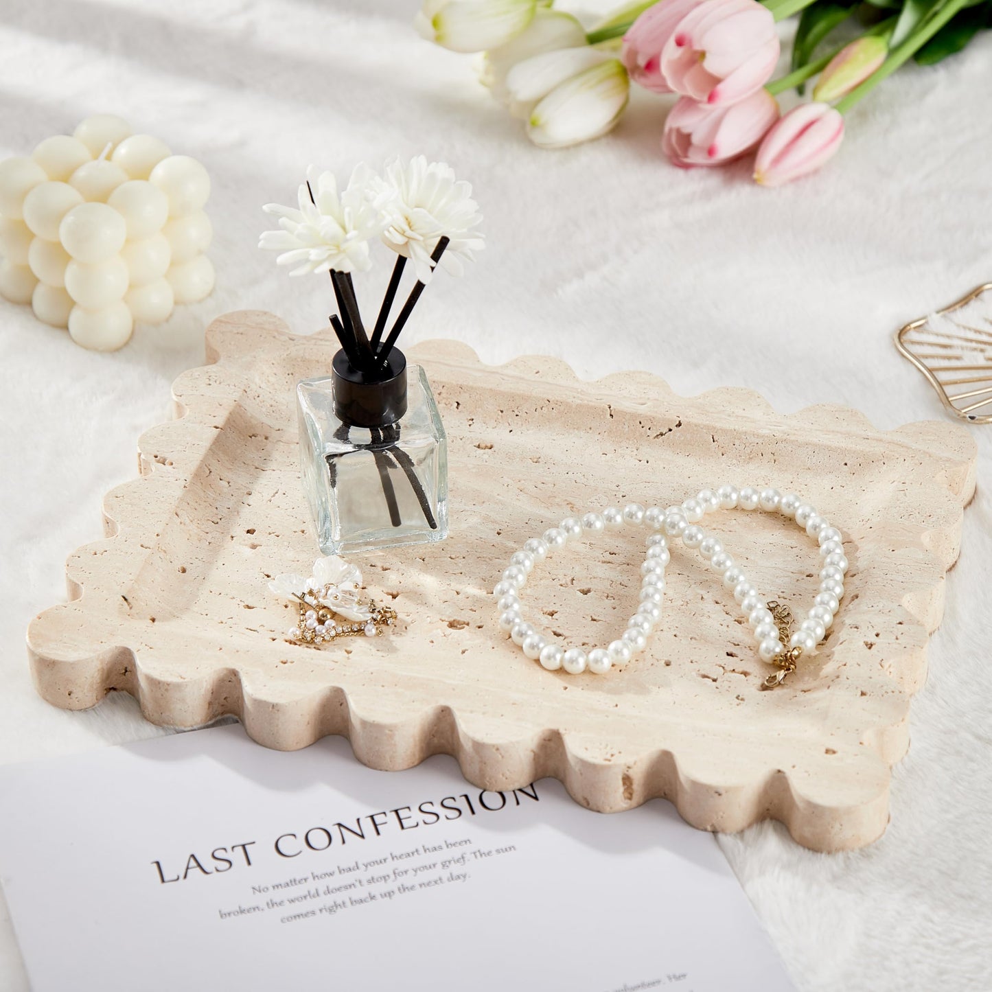 Denique Natural Travertine Tray with Scalloped Edge, 10.8x8 Rectangle Vanity Tray for Bathroom Kitchen Countertop, Beige Decorative Stone Storage Tray for Dresser Home Decor