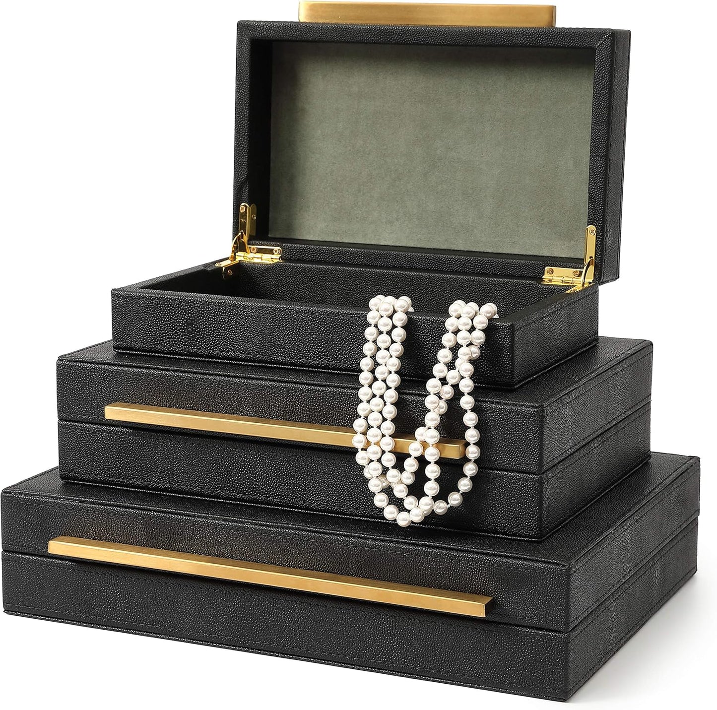 Kingflux Faux Black Shagreen Leather Set of 3 Pcs Decorative Boxes, Storage Boxes Jewelry Organizer, Men's Accessory Organizer (Black)