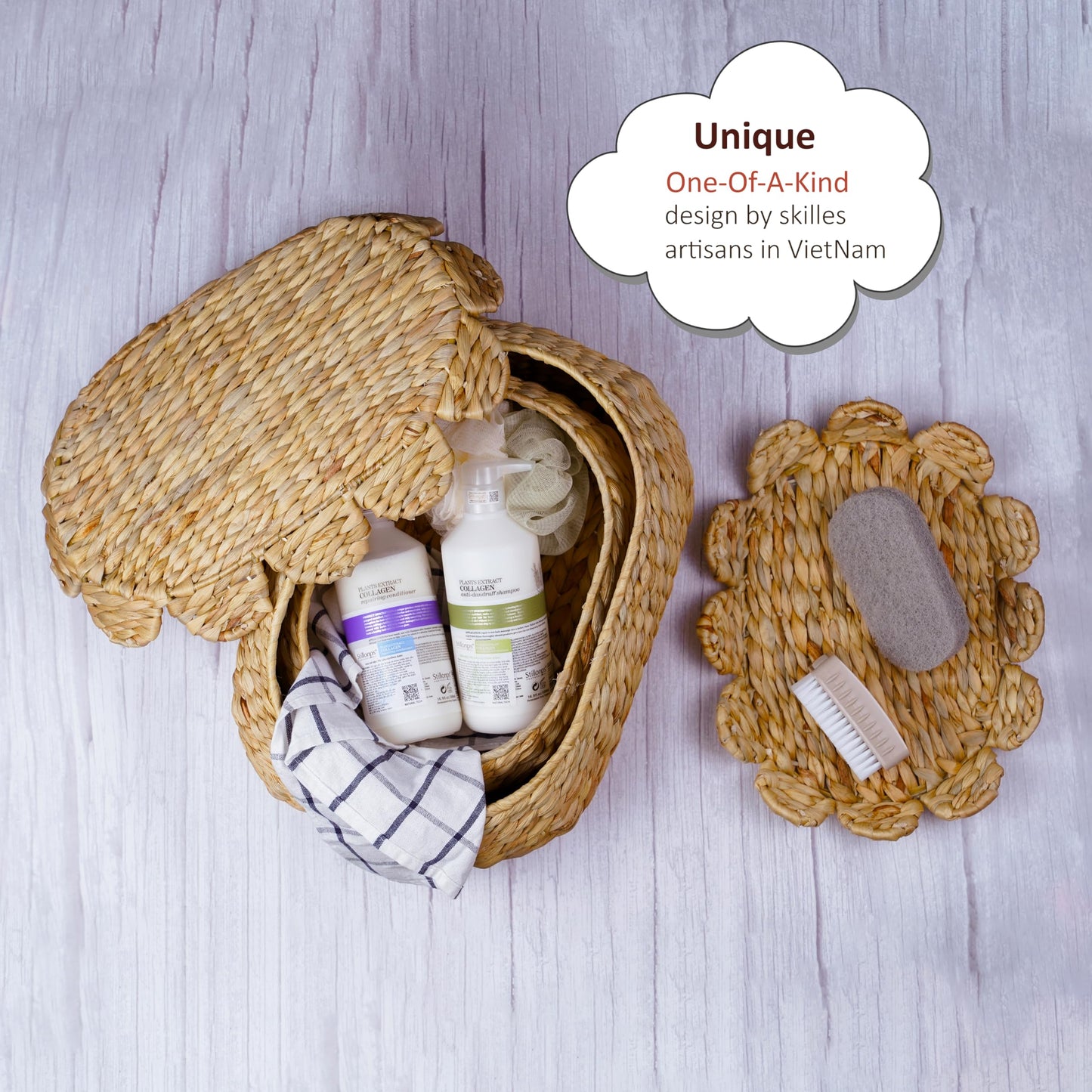 LUSYDECO Round Wicker Storage Baskets with Lid, Rattan Basket Decorative Boxes, Woven Storage Box Hyacinth Basket with Lids, Scalloped Edge Wicker Basket with Lid, Set of 2