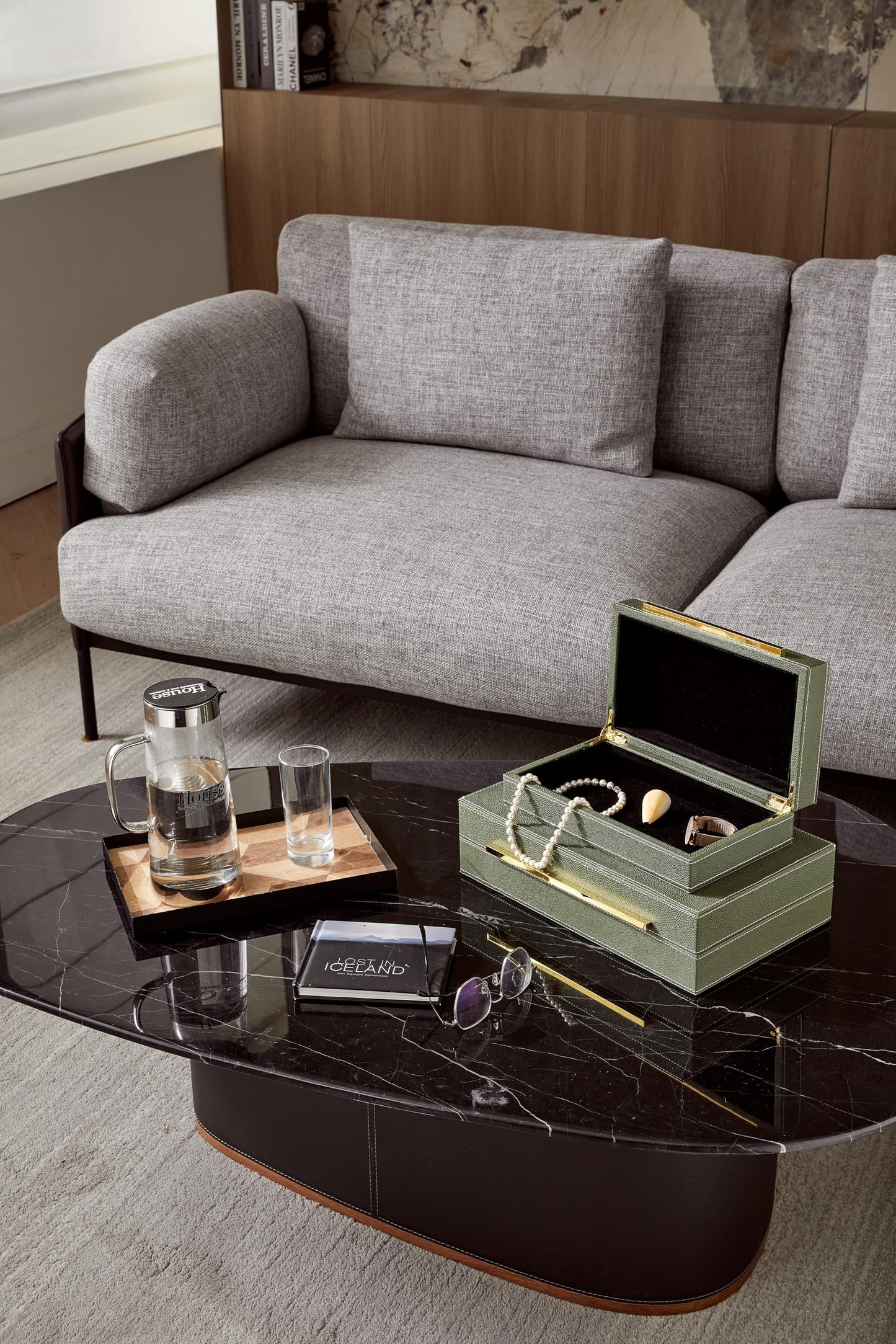 Goodinough Green Shagreen Decorative Boxes with Lids Set of 2 - Large Leather Stacking Storage Boxes for Home Decor, Gold Metal Handle Remote Control Box, Modern Jewelry Box for Shelves, Coffee Table