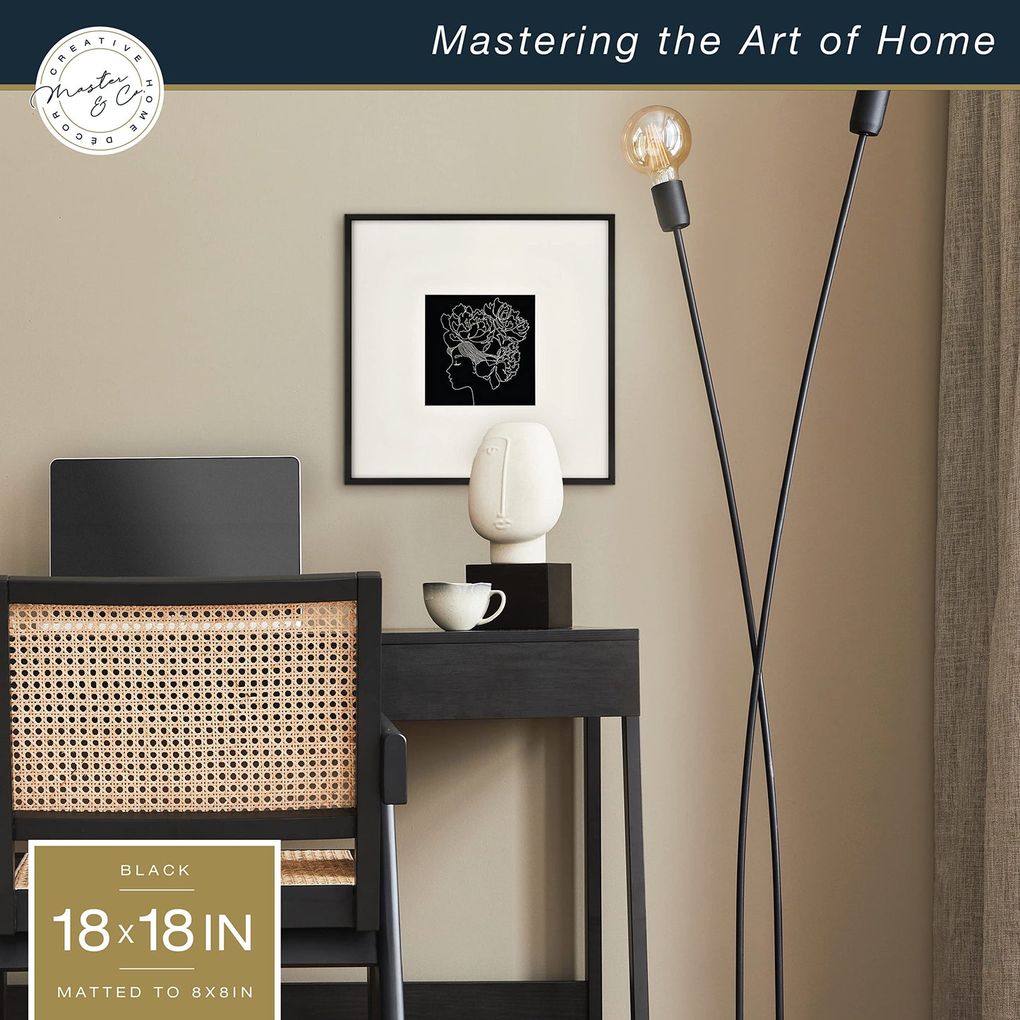 MCS Master & Co. Foundry Metal 18x18 Matted Picture Frame with 8x8 Photo Display, Black Vertical & Horizontal Wall Hanging Frame for Photos & Artwork (1-Pack)