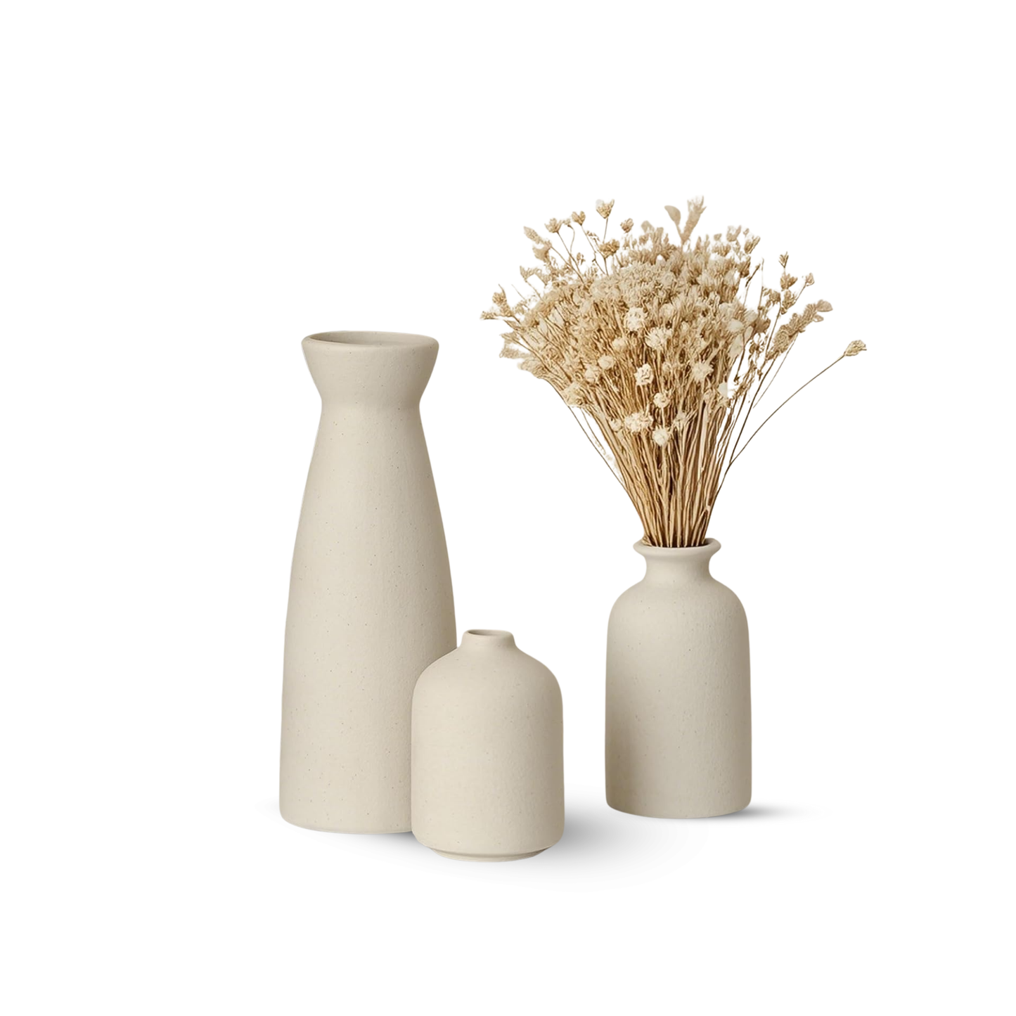 Distressed Ceramic Vase Set of 3, Modern Bohemian Farmhouse Home Decor, Pampas Grass Dried Flowers Vases for Living Room, Dining Room, Bedroom, Kitchen, Bathroom, Office, Entryway (Beige)